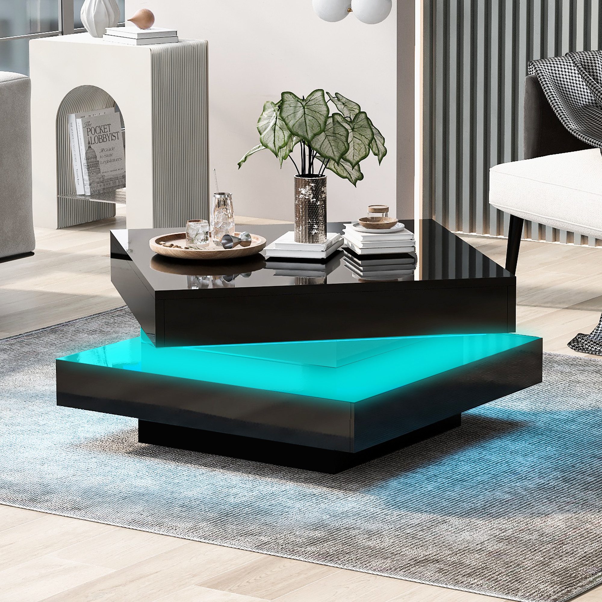 REDOM Couchtisch Futuristischer Weißer Hochglanz Couchtisch mit, drehbarer Platte, 16-farbiger Bluetooth-LED-Streifen, 70x70x36 cm