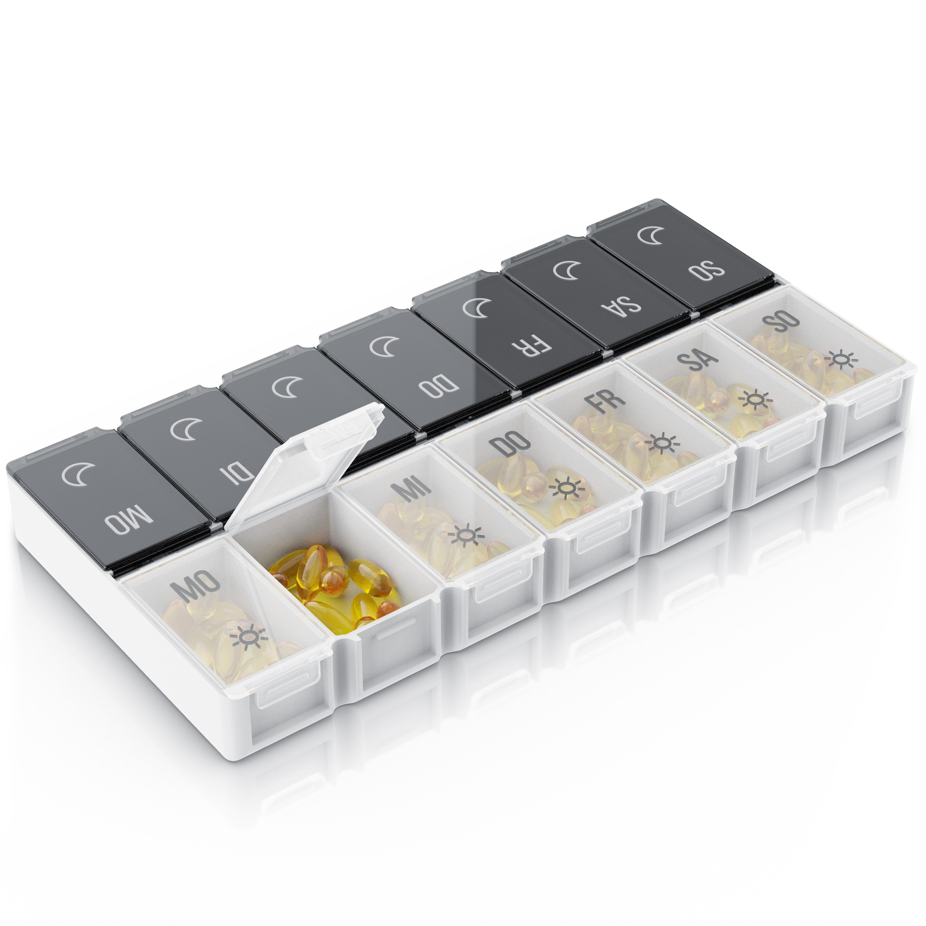 MyBeo Pillendose Tablettenbox 7 Tage, 2 Fächer täglich, großes Volumen, kratzfest (1 St), Hell-Dunkel-Kennzeichnung, Schnappdeckel, lebensmittelecht, Symbole
