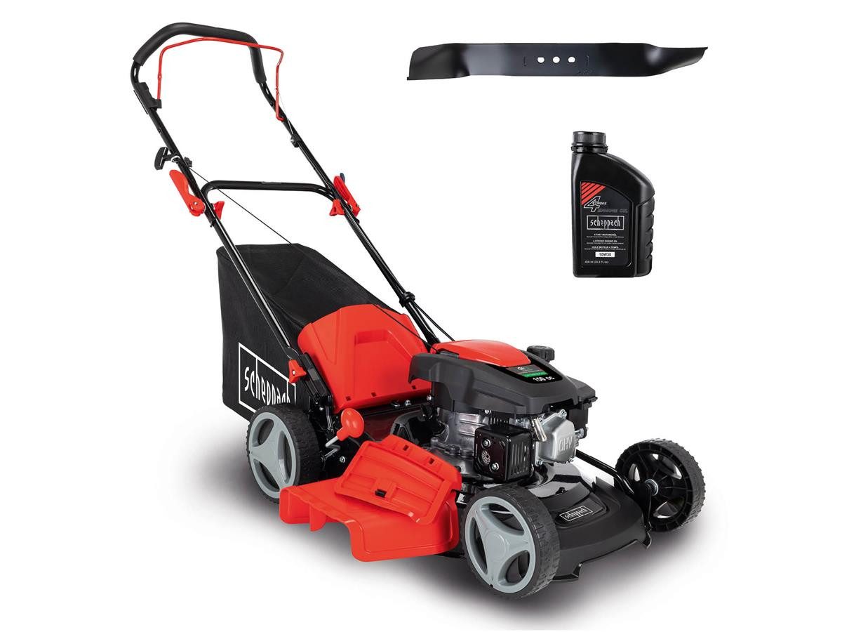 Scheppach Benzinrasenmäher MP150-46, 46 cm Schnittbreite, (Set), 150 cm³, 3,5 PS Motorleistung, inkl. 0,6 L Öl und 2. Rasenmähermesser