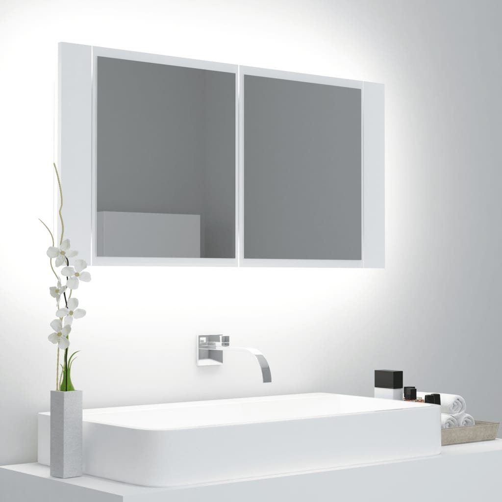 vidaXL Badezimmerspiegelschrank in Weiß mit 2 Türen. Abmessungen (LxBxH) 12x90x45 cm (mit Beleuchtung)
