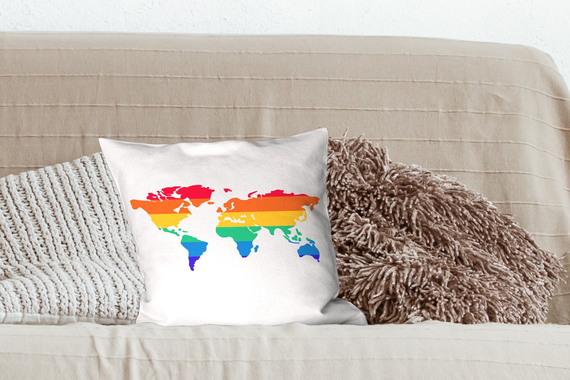 Regenbogen, Deko, Karte mit Wohzimmer, für Schlafzimmer, Dekokissen - Sofakissen - Füllung Zierkissen Welt MuchoWow