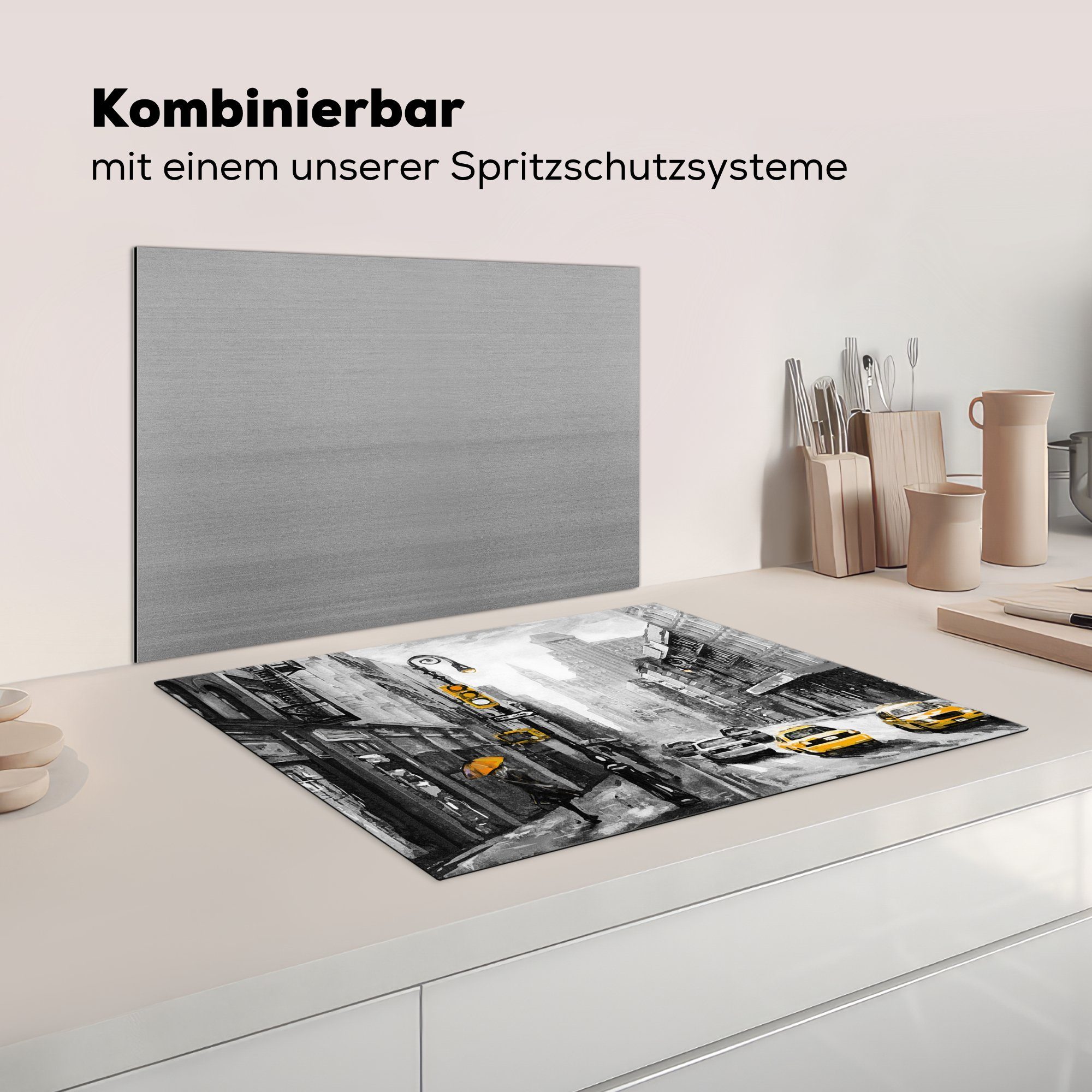 Arbeitsfläche Stadt Ölfarbe Gemälde Mobile Ceranfeldabdeckung (1 Auto, - MuchoWow Herdblende-/Abdeckplatte Vinyl, - nutzbar, 70x52 cm, - tlg),