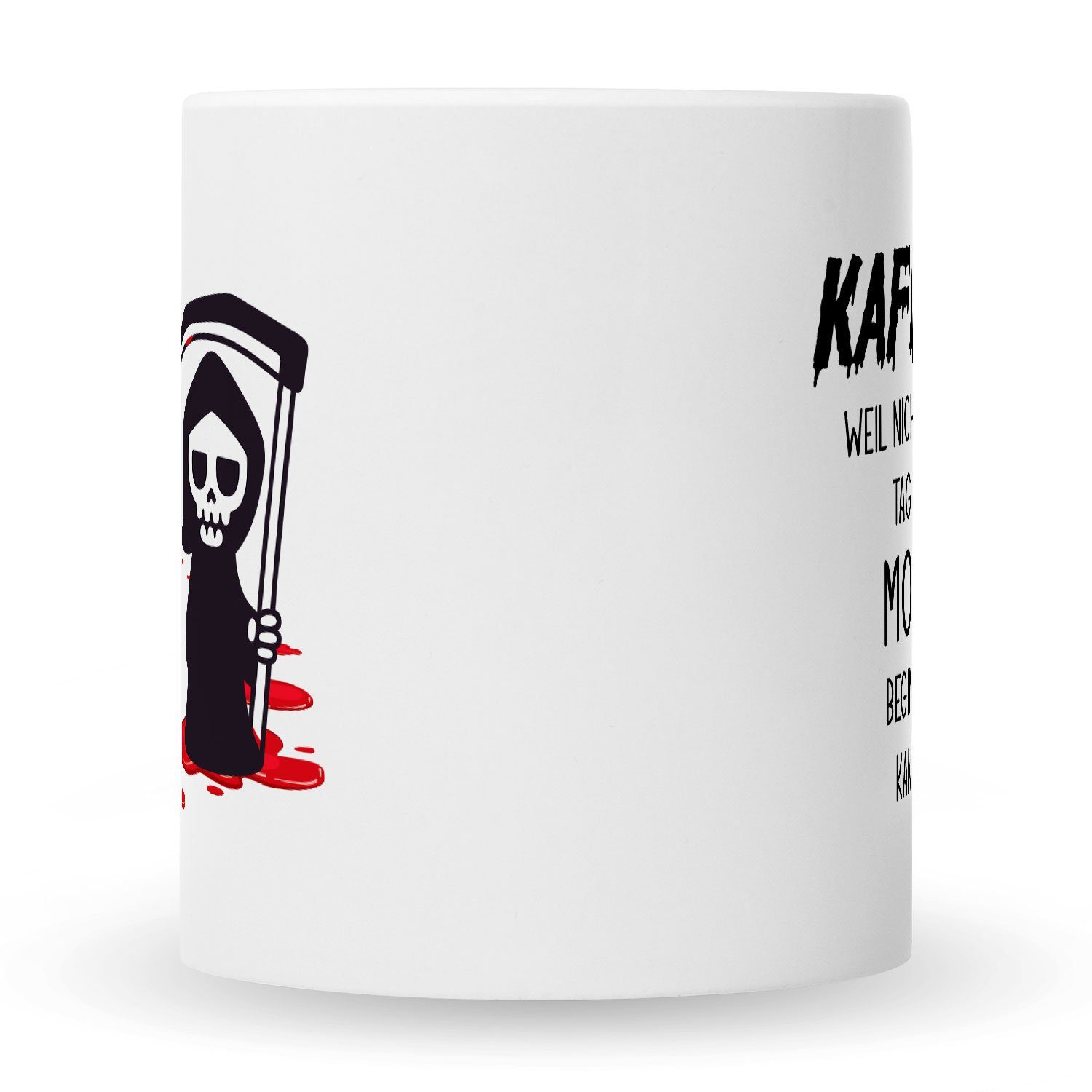 GRAVURZEILE Tasse mit Spruch Kaffee weil nicht jeder Tag mit Mord beginnen kann, Keramik, Farbe: Weiß