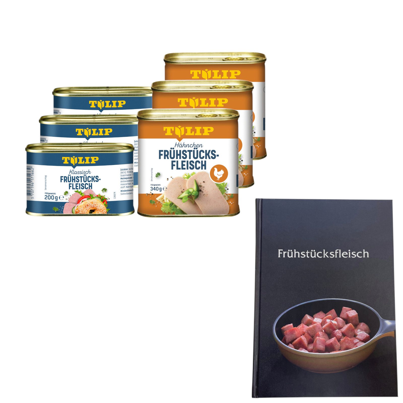 TULIP Wurstkonserve Frühstücksfleisch Schwein 200g + Hähnchen 340g Delikatesse +Kochbuch, (Set, Frühstücksfleisch Schwein + Hähnchen + Kochbuch)