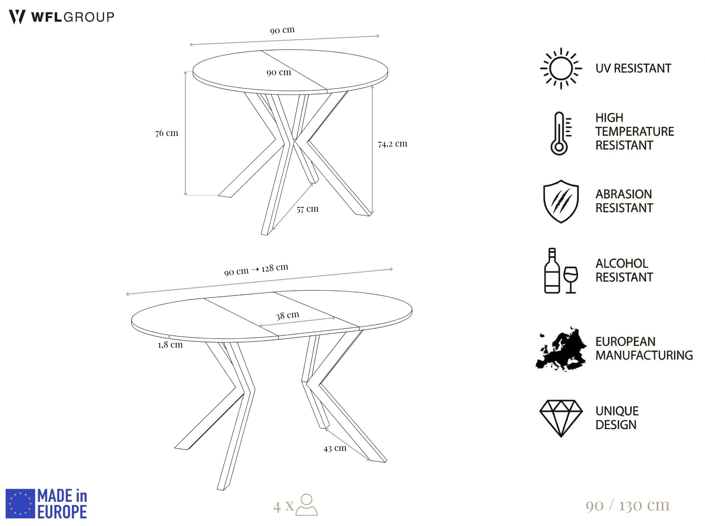 WFL GROUP Esstisch Valio runder Ausziehtisch für Esszimmer mit braunen Metallbeinen (MADE IN EU, erhältlich in zwei Größen – 90 / 100 cm, ausziehbar auf 130 / 140 cm), ausziehbar, verlängerbar, Holzoptik im modernen Industrial-Stil