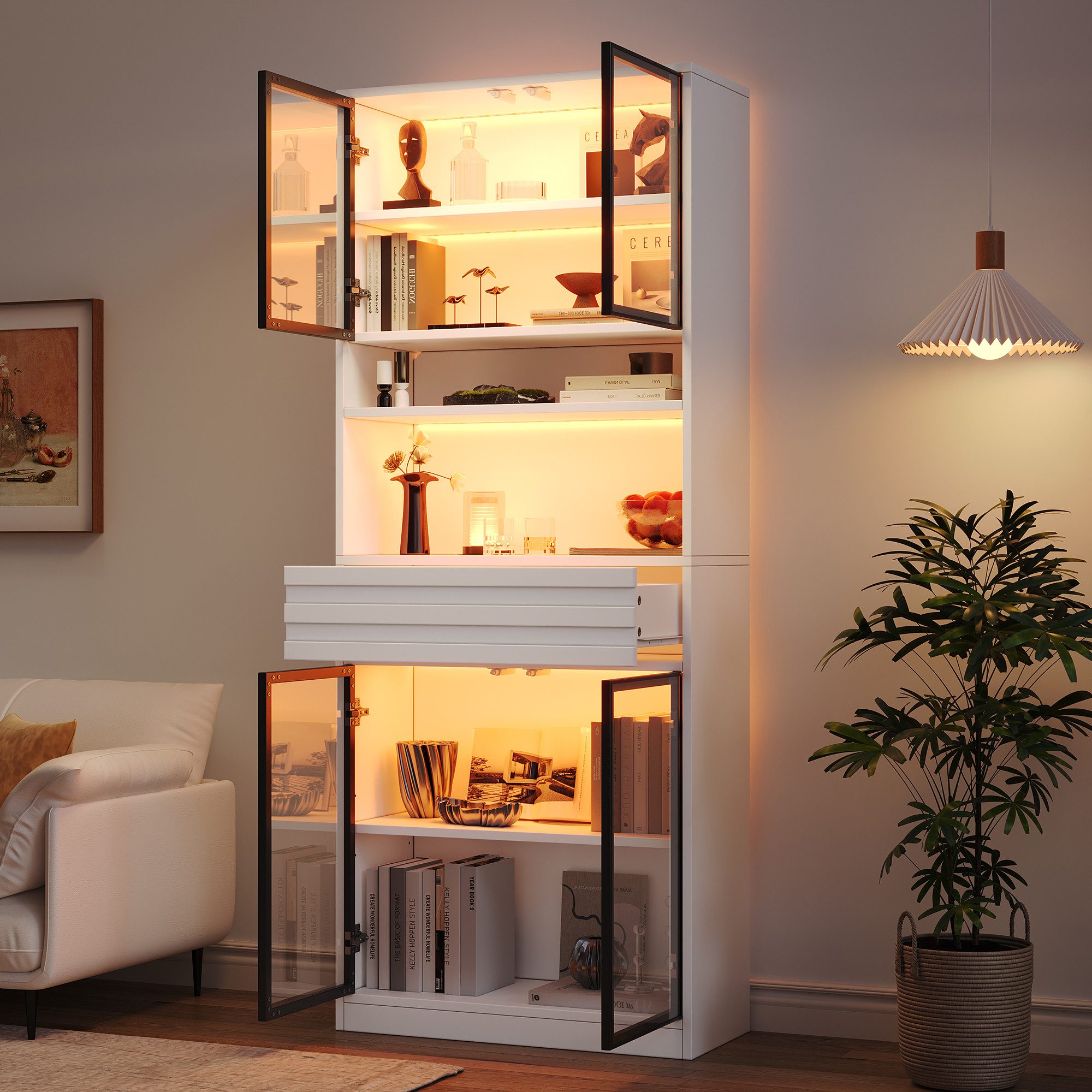 Merax Glasvitrine mit RGB LED-Beleuchtung inkl. App-Steuerung, 80 L x 35 B x 200 H cm (1-St., Wohnzimmerschrank Bücherschrank Ausstellungsschrank) Vitrine Hochschrank mit 4 Glastüren, Schublade & Stauraum