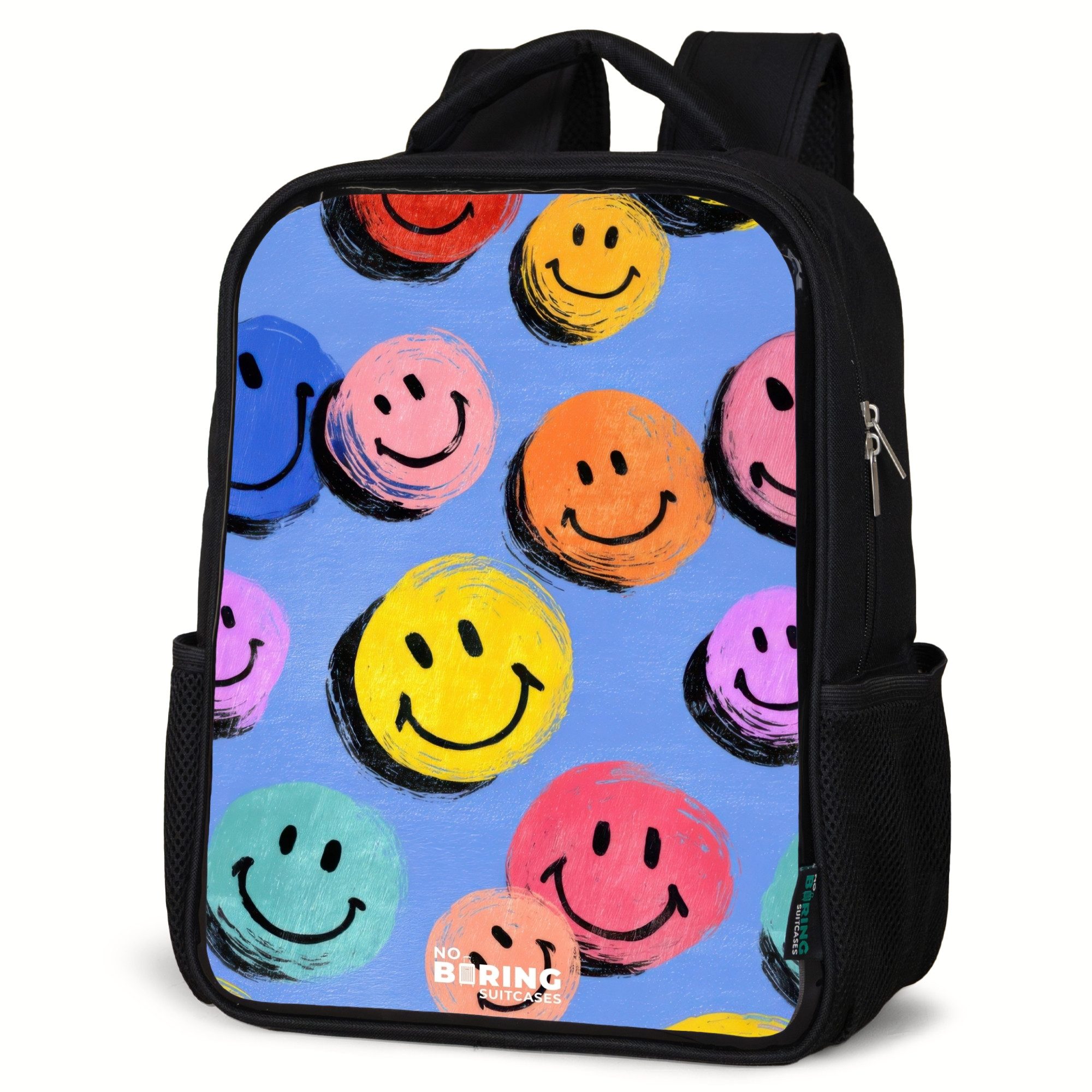 NoBoringSuitcases.com© Rucksack Ein verspieltes und künstlerisches Muster aus bunten Smileys, Kinderrucksack Schwarz, Schulrucksack, Freizeitrucksack Jungen Mädchen