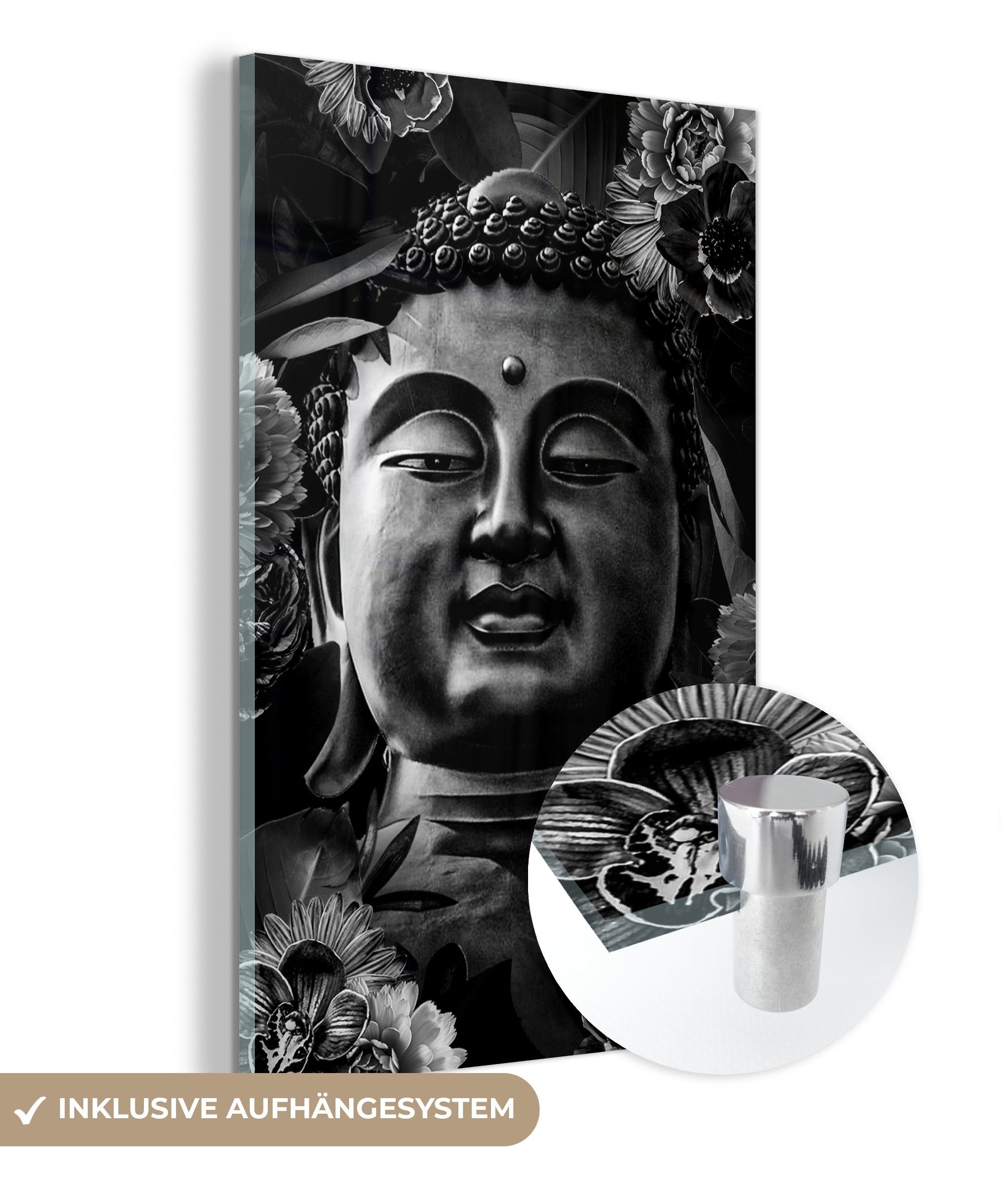MuchoWow Acrylglasbild Kopf eines Buddhas und Blumen - schwarz und weiß, (1 St), Glasbilder - Bilder auf Glas Wandbild - Foto auf Glas - Wanddekoration bunt