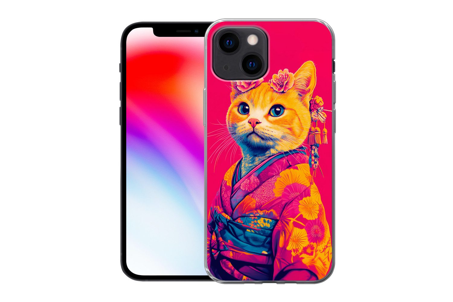 MuchoWow Handyhülle für Apple iPhone 13 mini Katze - Kimono - Blumen - Rosa, Smartphone-Bumper, Print, Handy Schutzhülle Dünn
