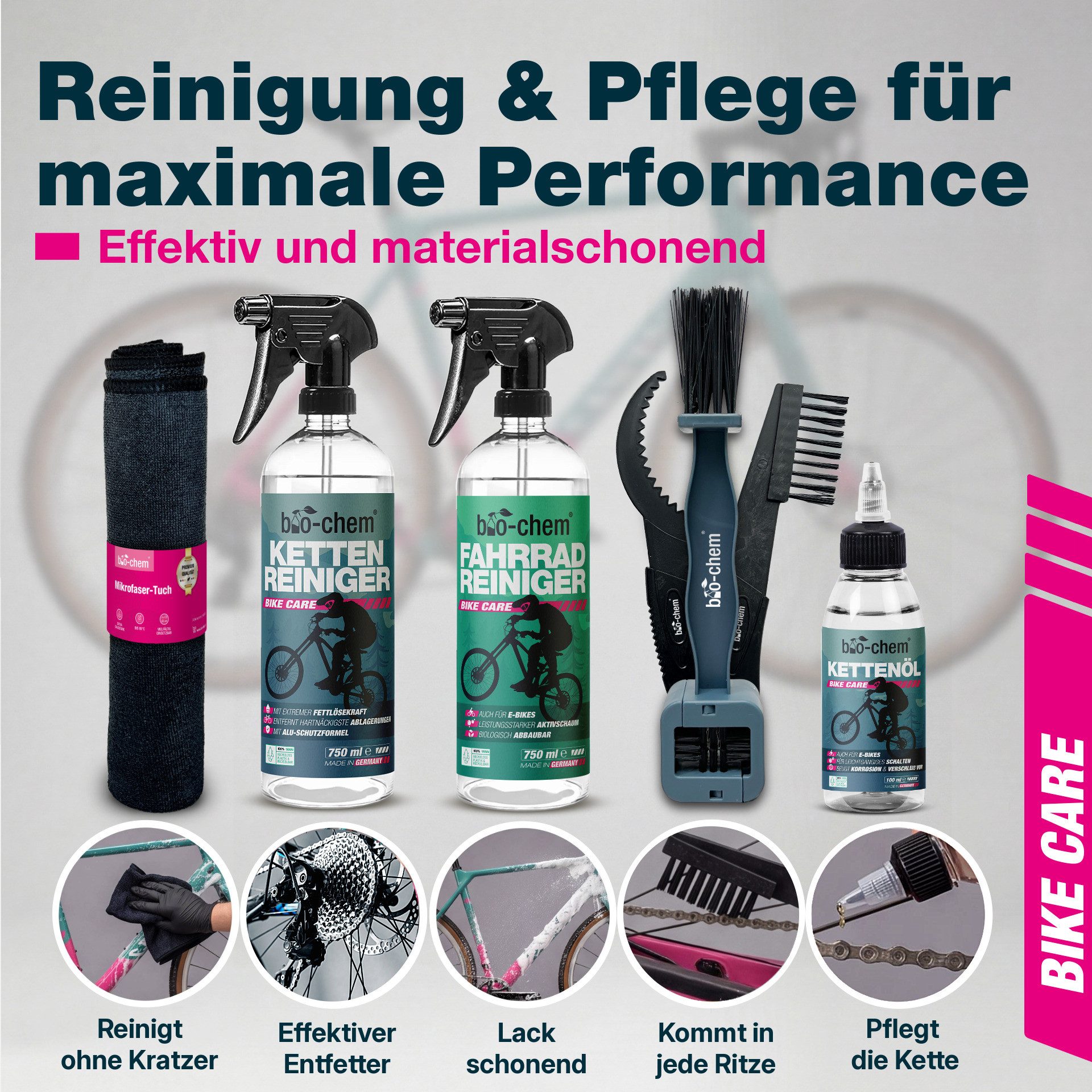 bio-chem Fahrradreiniger-Set – Professionelle Reinigung & Pflege inkl. Zubehör Zweiradreiniger (Sparpaket, [- Fahrrad-Reinigung PROFI-SET 7-teilig 7-teiliges Fahrradpflege-Set)