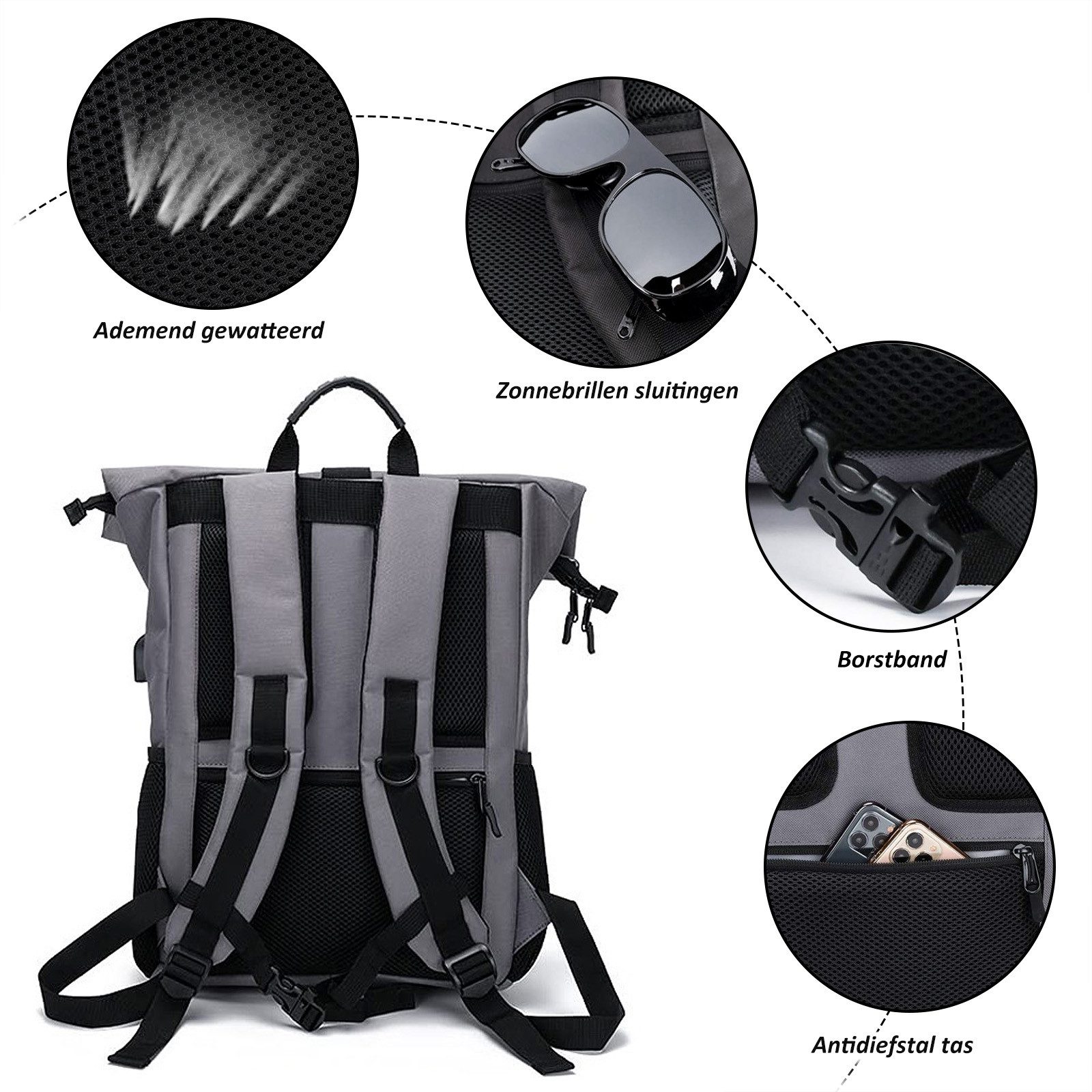 TANTOMI Freizeitrucksack Arbeitsrucksack Groß Damen lässiger Rolltop Rucksack Herren Backpack, mit Laptopfach bis 15,6 zoll und externen USB-Anschluss – Bild 5 von 5