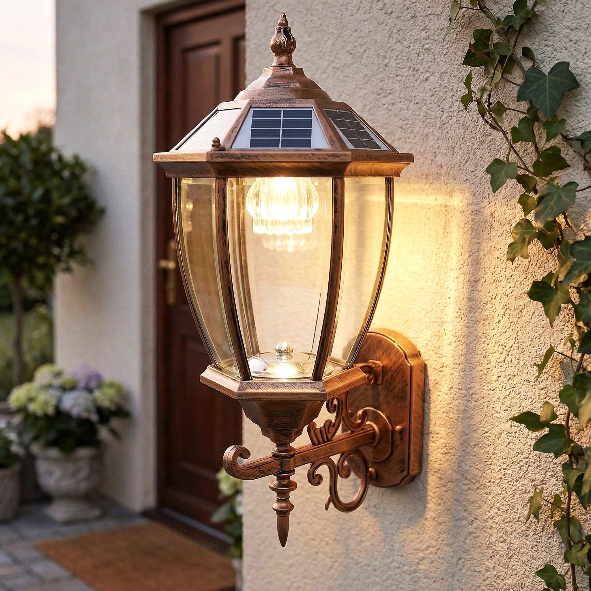 Arnusa Außen-Wandleuchte Solar Außenleuchte kabellos klassisch Kupferoptik Aluminium 52 cm, Farbtemperatur einstellbar, LED fest integriert, Warmweiß, Kaltweiß, leistungsstarker Akku lange Leuchtzeit, Warmweiß Kaltweiß