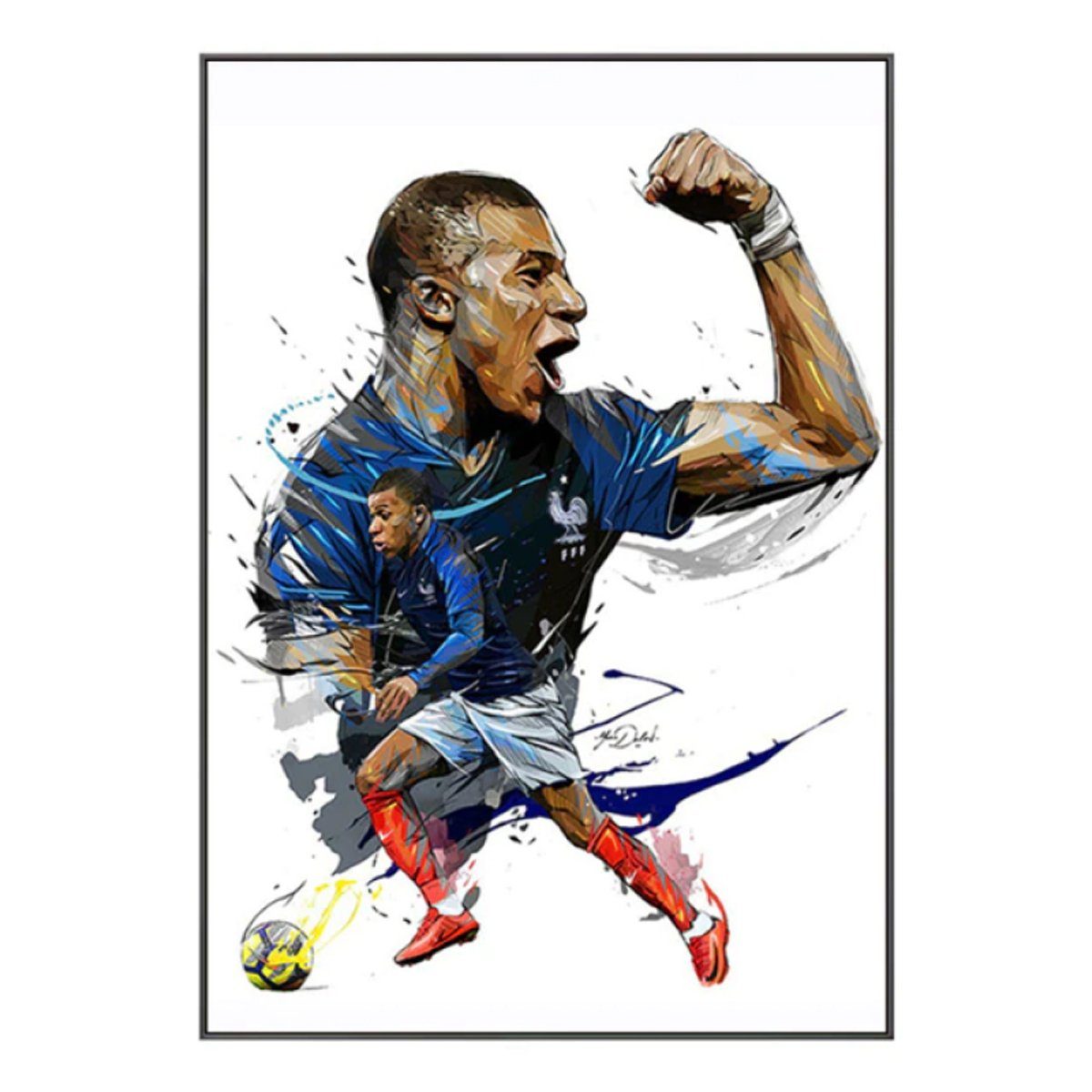 TPFLiving Kunstdruck (OHNE RAHMEN) Poster - Leinwand - Wandbild, Berühmte - Fußballspieler - Kylian Mbappé - (Wanddeko Wohnzimmer, Kinderzimmer, Schlafzimmer, Büro, Hotel), Farben: Blau, Rot, Gelb, Grün, Grau - Größe: 60x90cm