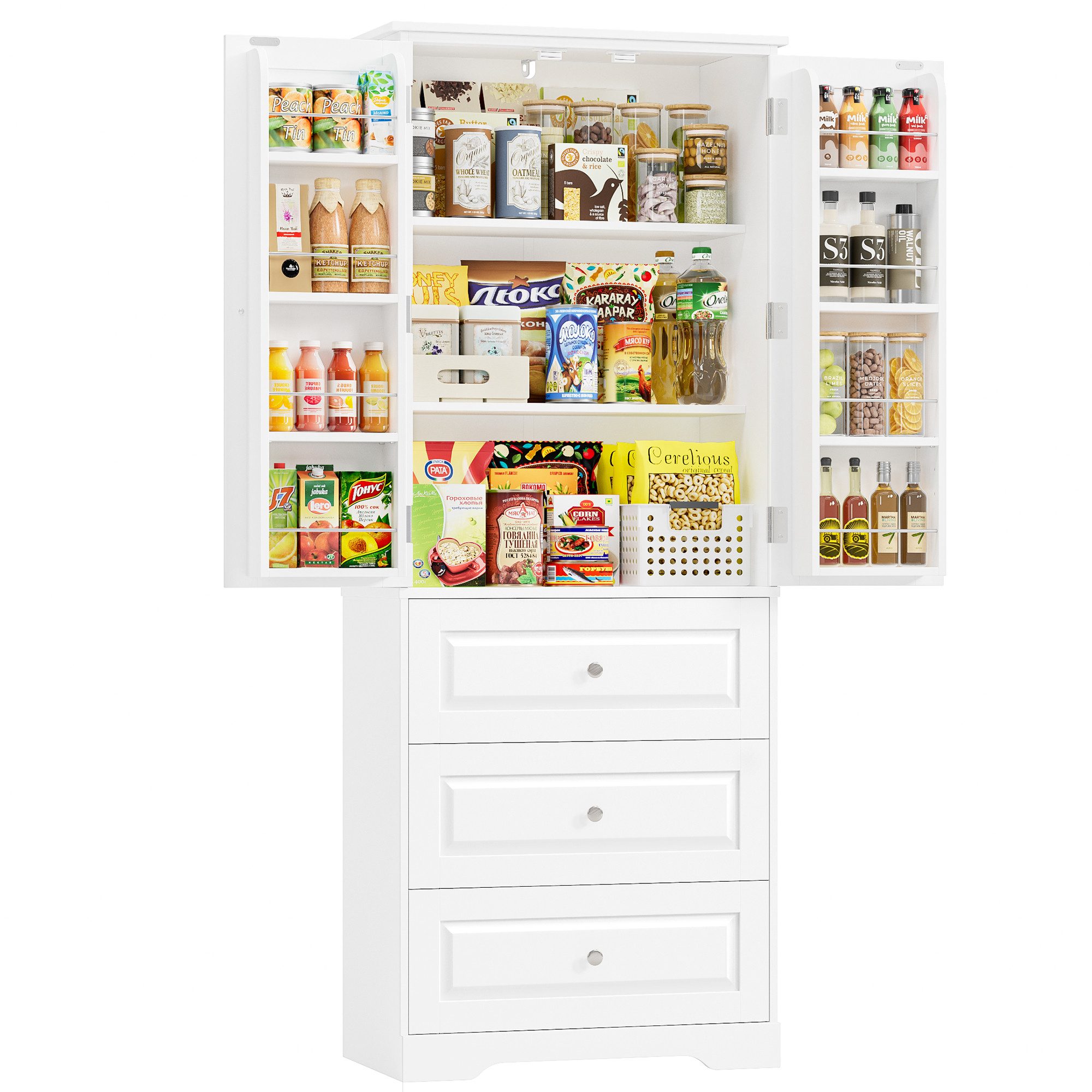 Homfa Mehrzweckschrank Küchenschrank Vorratsschrank Buffetschrank Speiseschrank mit 8 Türregalen, 2 Schubladen, 60x40x150cm