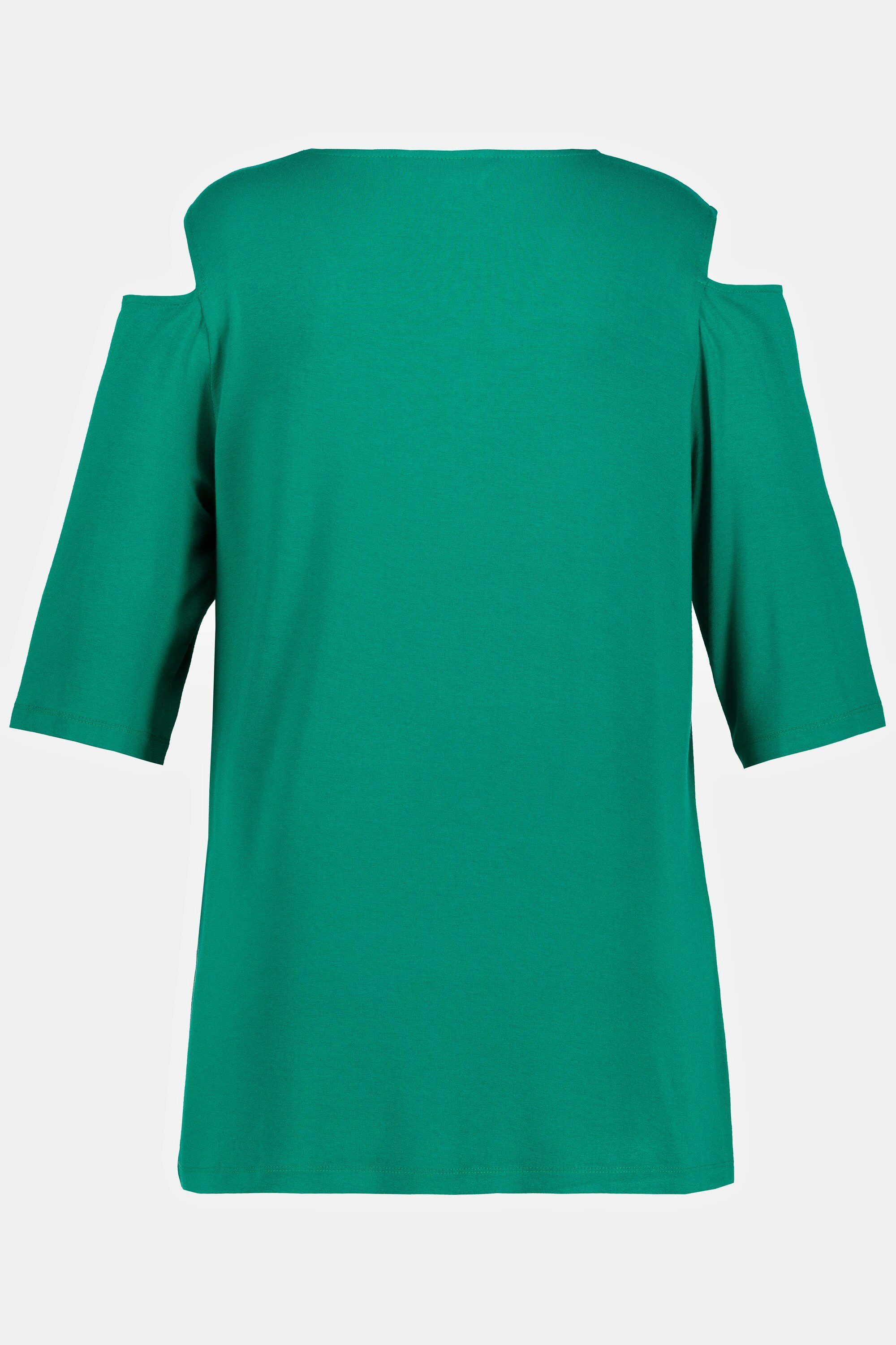 Ulla Popken Rundhalsshirt T-Shirt Schulterausschnitte V-Ausschnitt moosgrün Halbarm