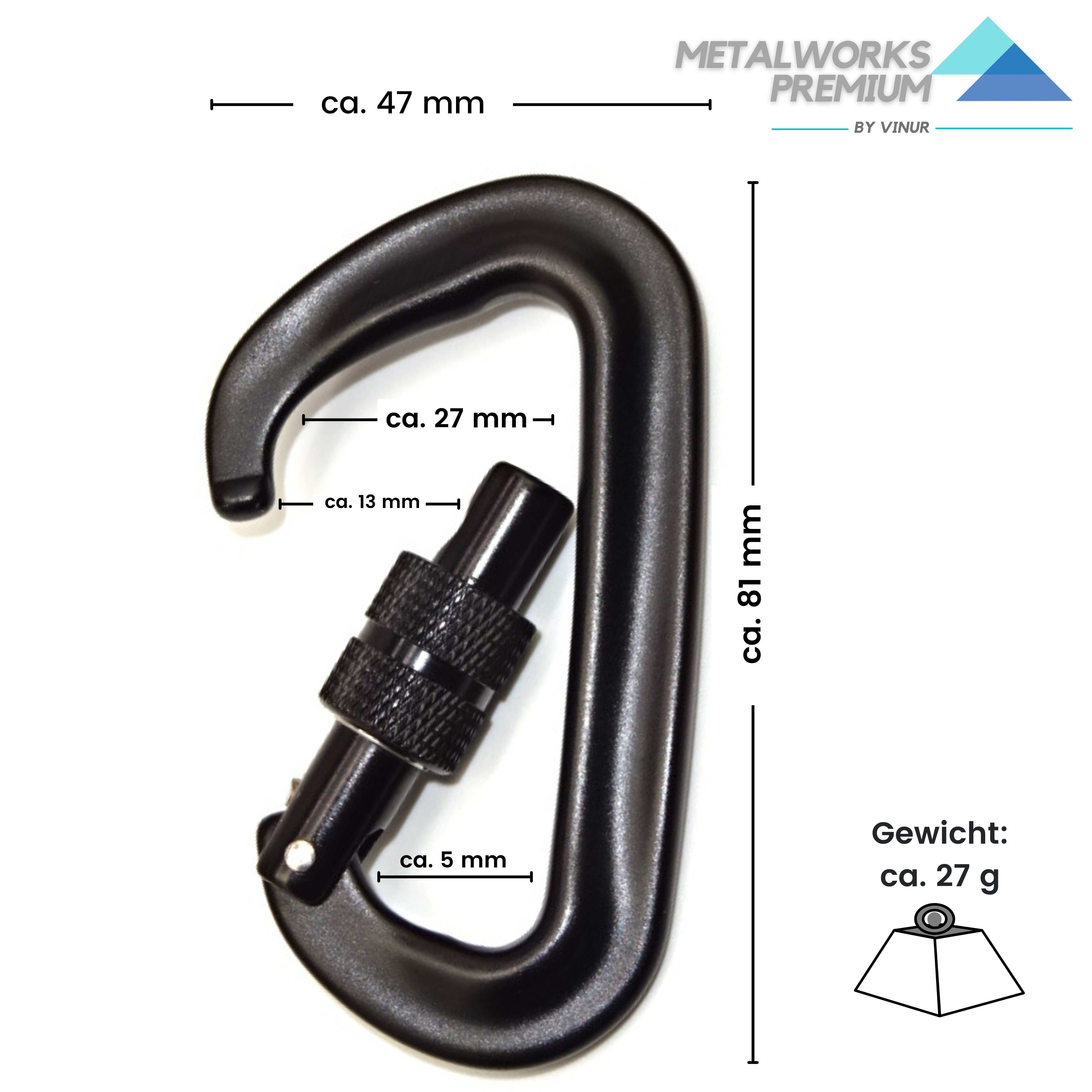 Metalworks premium Karabiner Metalworks premium Alukarabiner Sicherheits-Schraubkarabiner, (Stück, (1 Stück), Belastungskapazität von 400 kg - hält auch extremen Bedingungen stand.