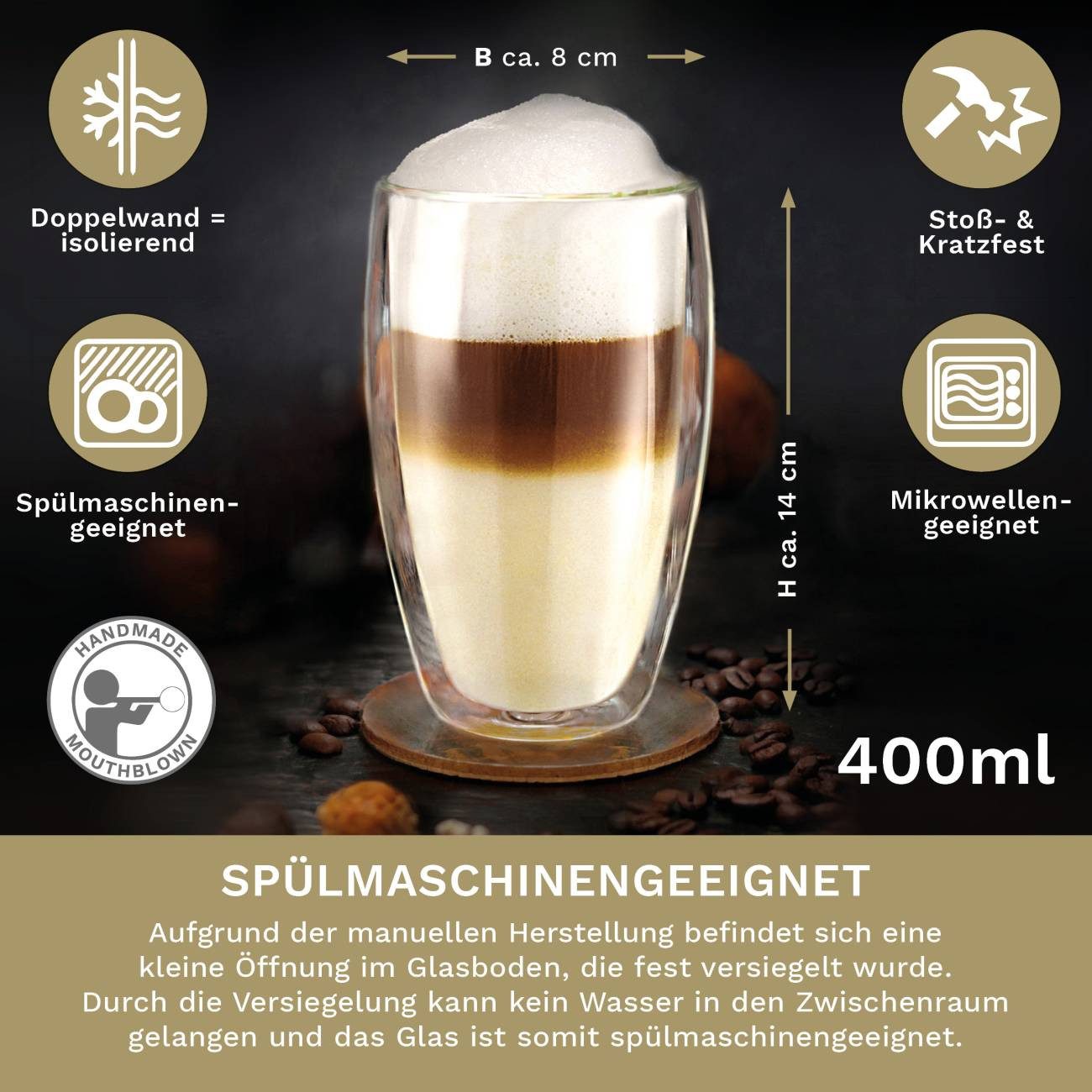 Creano Teeglas Thermoglas “DG-SH” 2er-Set 400ml, 2-tlg., Borosilikatglas, 2 Gläser