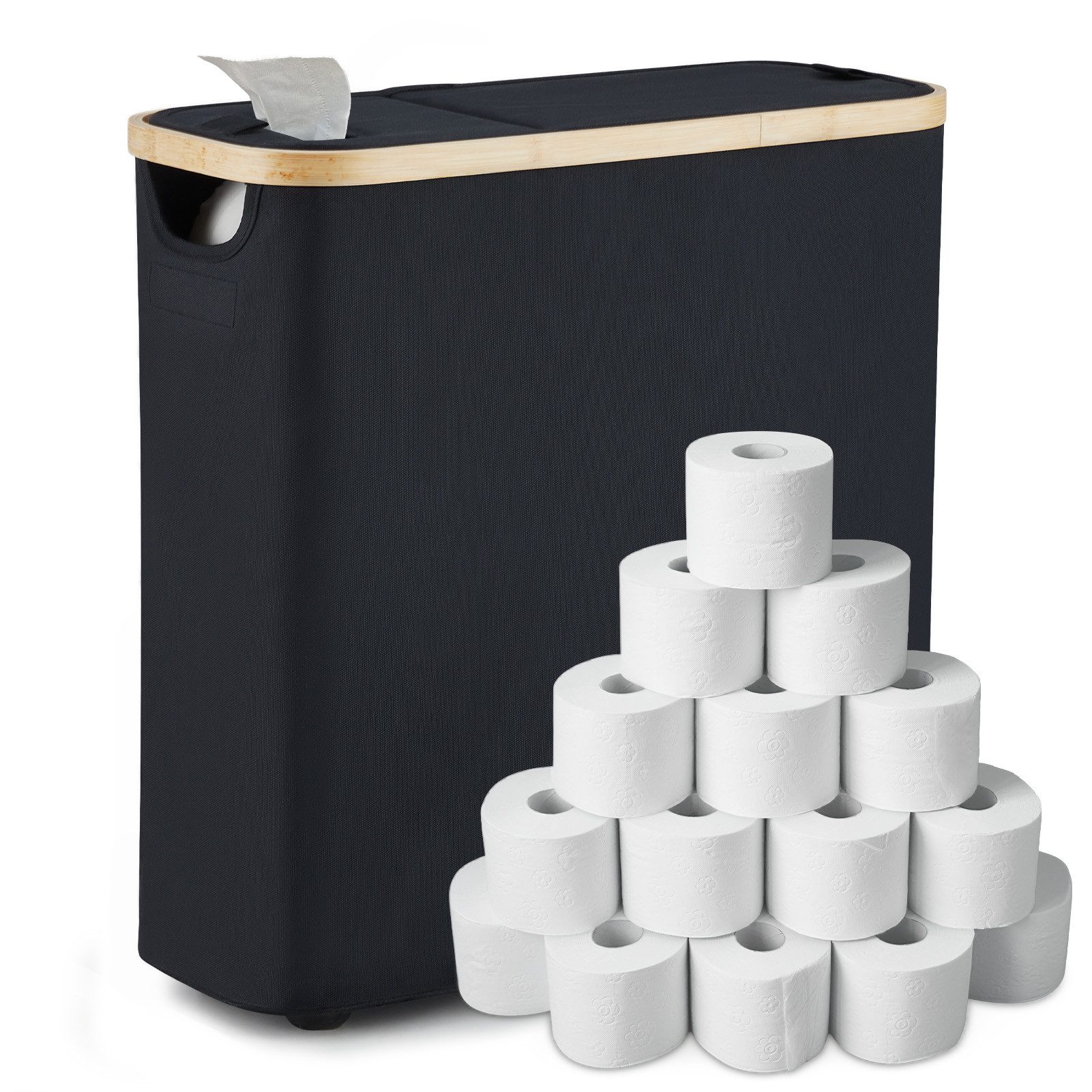 GarveeMore Toiletten-Ersatzrollenhalter Multifunktionaler Korb für Toilettenpapier, Wäsche & Spielzeug–Schwarz, Multifunktionaler Toilettenpapierbehälter mit Deckel,44×18×45.5cm