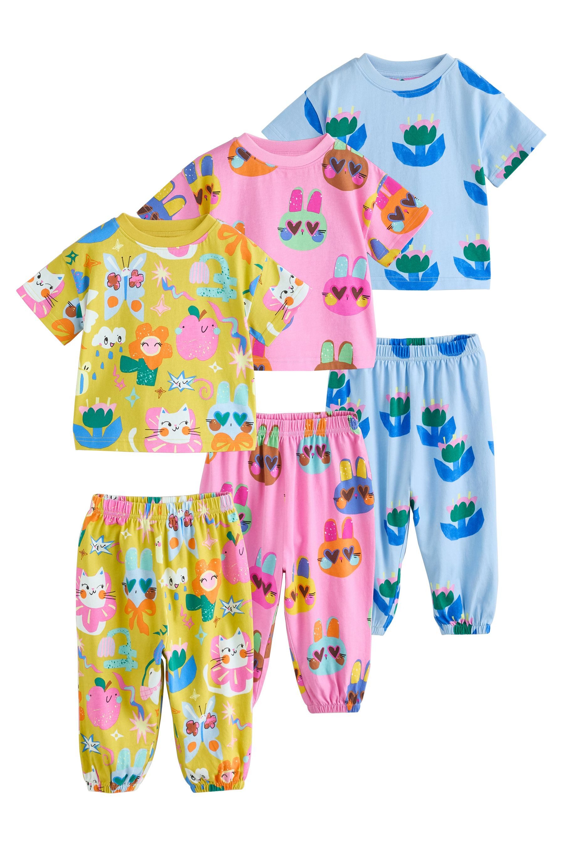 Pyjama 3er-Pack Schlafanzug, Katze/Blumen