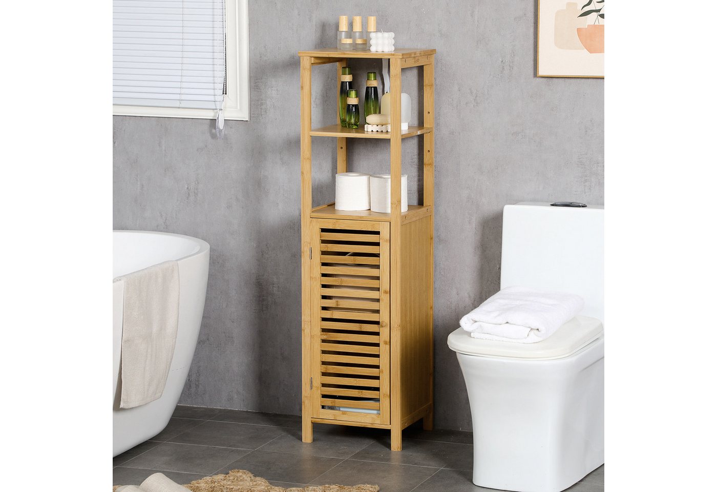 Kleankin Badkommode Badschrank mit Tür, zwei offene Ablagen, Bambus, Hochschrank (Badezimmerschrank, 1 St., Badezimmermöbel), für Badezimmer, 33 x 30 x 120 cm Naturholz