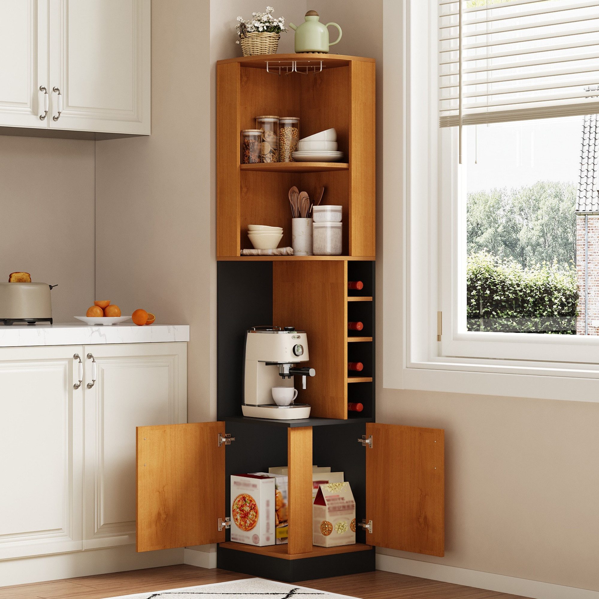 HAUSS SPOLE Eckvitrine mit Weinglasregal,freistehend Bartheke Hochschrank 40×40×182cm,Natur (Wohnzimmerschrank mit geschlossenem Unterschrank und offenen Regalfächern für Esszimmer, Küche und Wohnzimmer) Bücherregal Beistellschrank mit Edelstahl-Weinglashalter