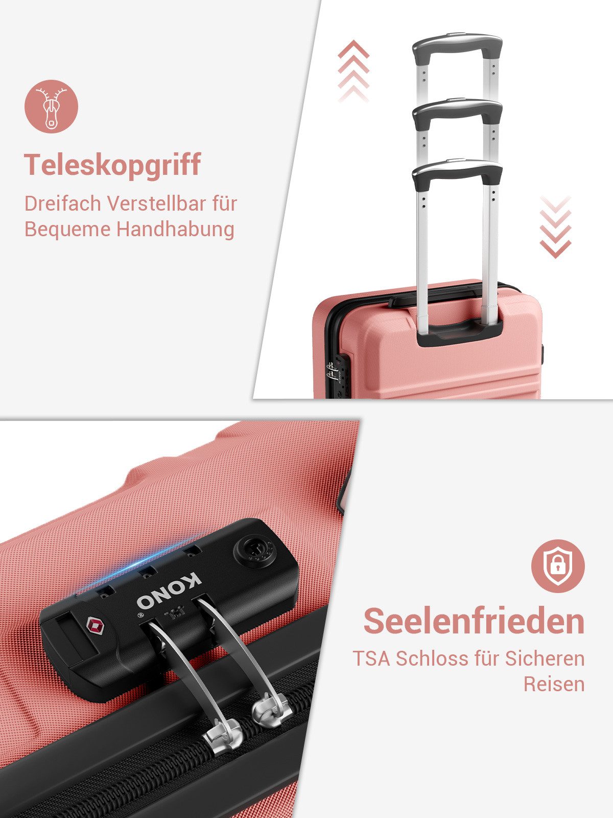 KONO Handgepäckkoffer - NUR 15 Zoll mit abnehmbaren Rollen, Leichter Kabinenkoffer (ABS+PC)