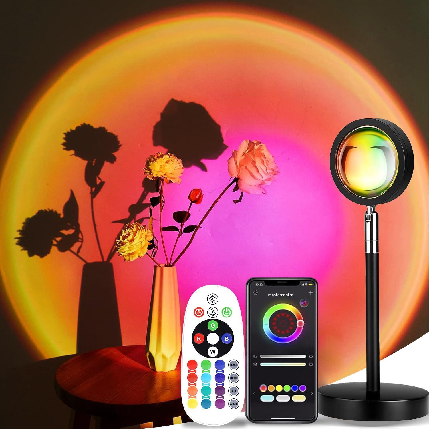 Ophy LED Nachtlicht LED Sonnenuntergang-Licht mit App-Steuerung – 16 Farben wechselnd, Projektor, Regenbogen-Effekt, perfekt für Raumfotografie & Partys