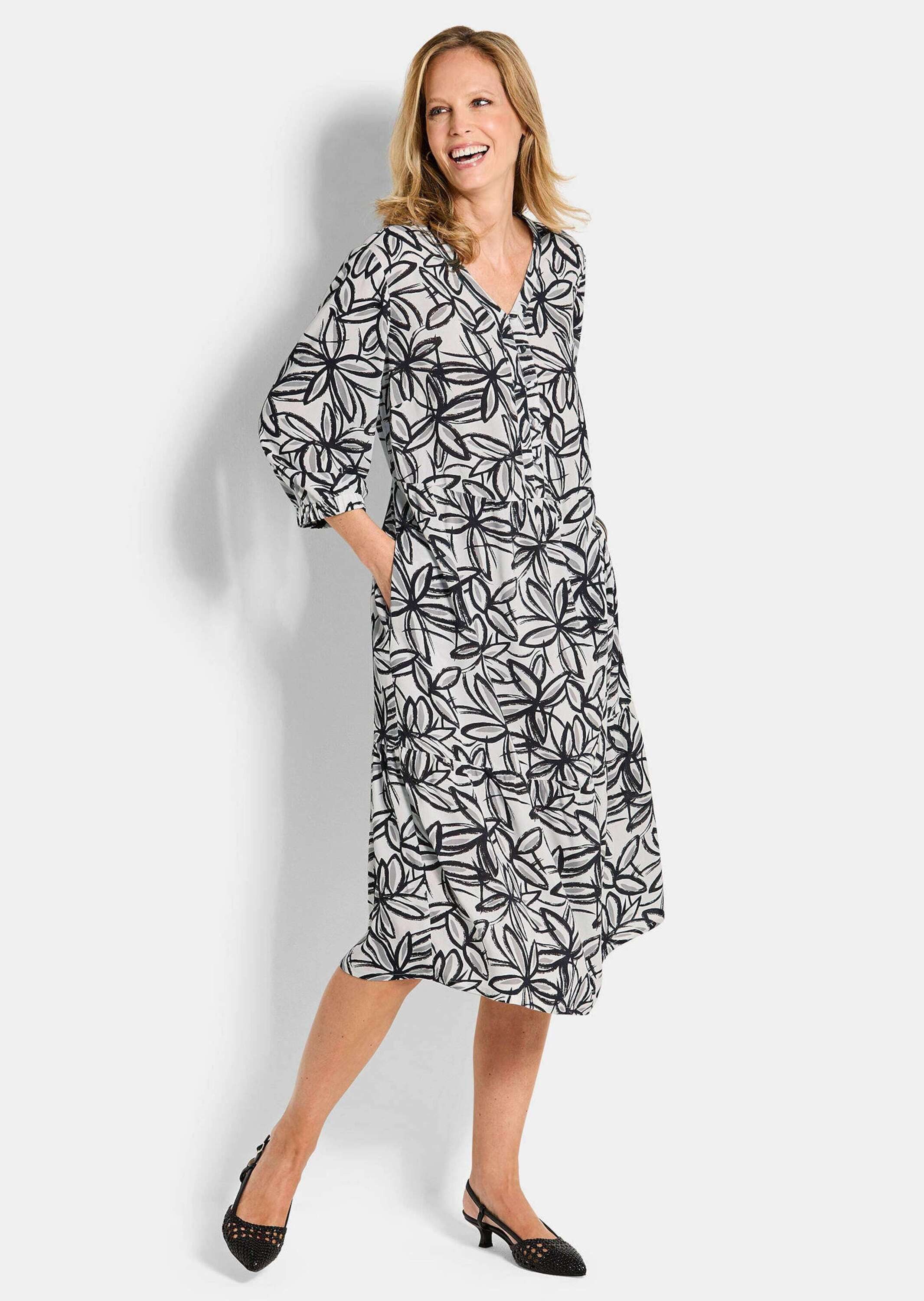 GOLDNER Druckkleid Viskosekleid mit floralem Muster Midikleid mit V-Ausschnitt, Knopfleiste, Knielänge und 3/4-Arm