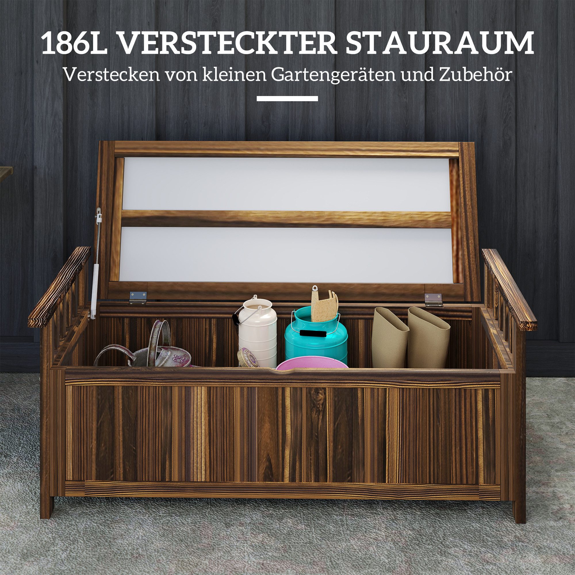 Outsunny Bank Truhenbank mit Armlehne, Parkbank, 240kg belastbar (Gartenbank aus Holz, 1-St., 2-Sitzer Holzbank), für Balkon Terrasse, Garten, 128,5 x 52 x 53,5 – Bild 5 von 5