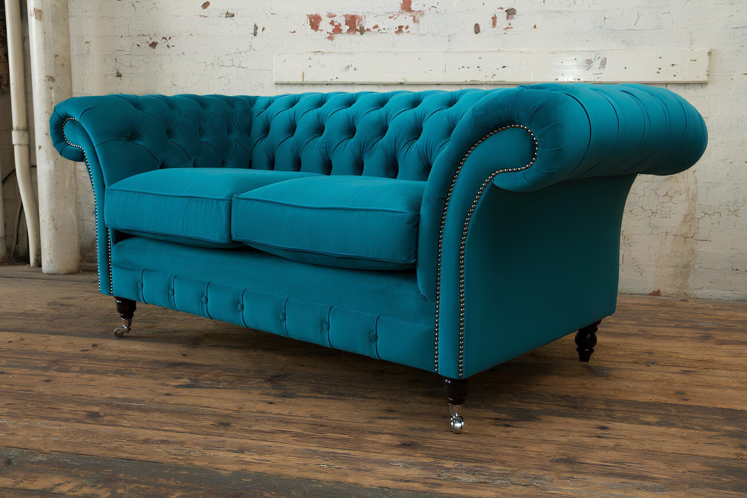 Xlmoebel Chesterfield-Sofa Elegantes Sofa in Türkis-Samt mit klassischem Design, Hergestellt in Europa