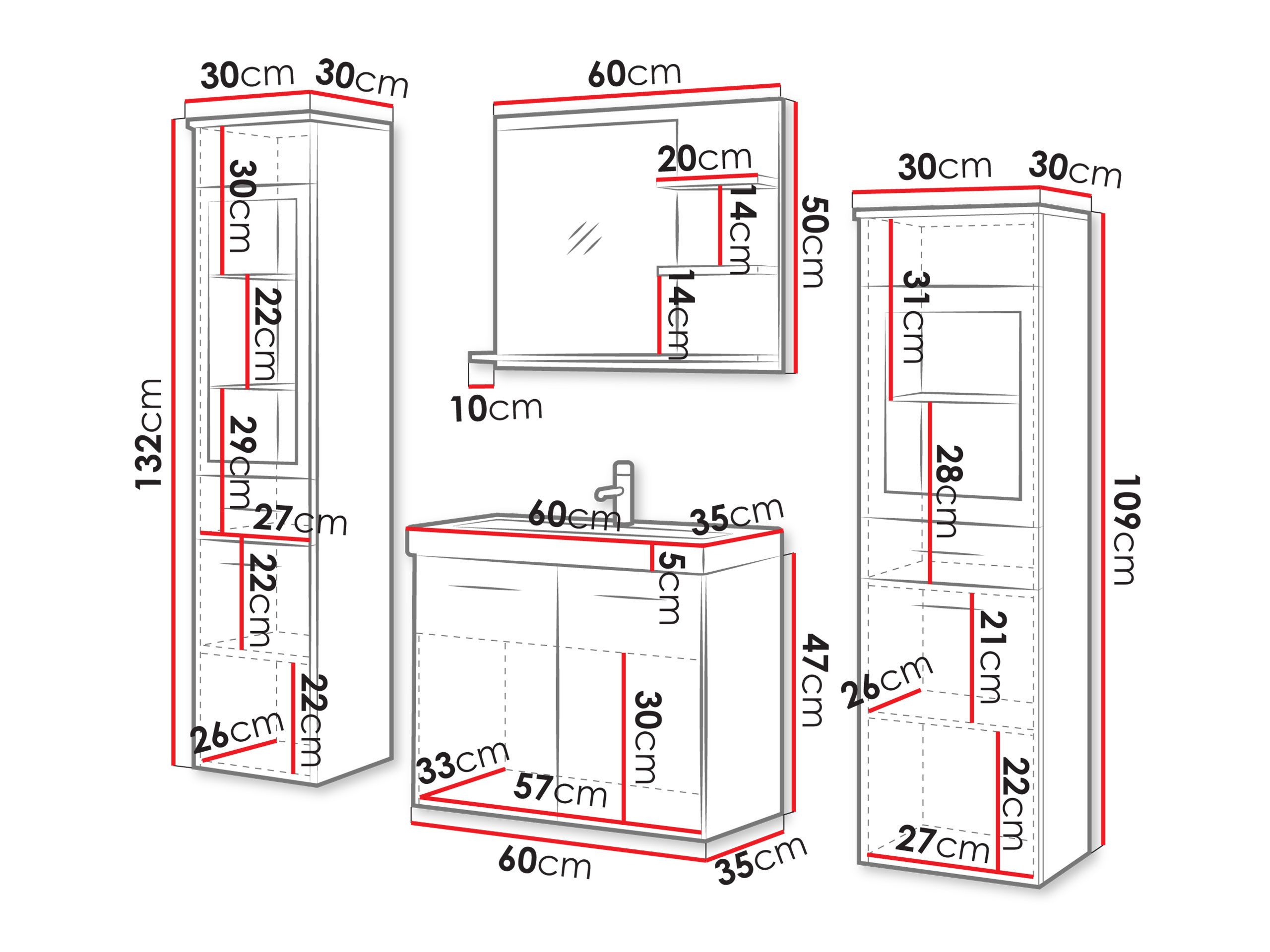 MIRJAN24 Badmöbel-Set Madrit I, (5er-Set, Schrank, 2x Hochschrank, Regal mit Spiegel, Waschbecken mit Siphon), Beleuchtung als Option