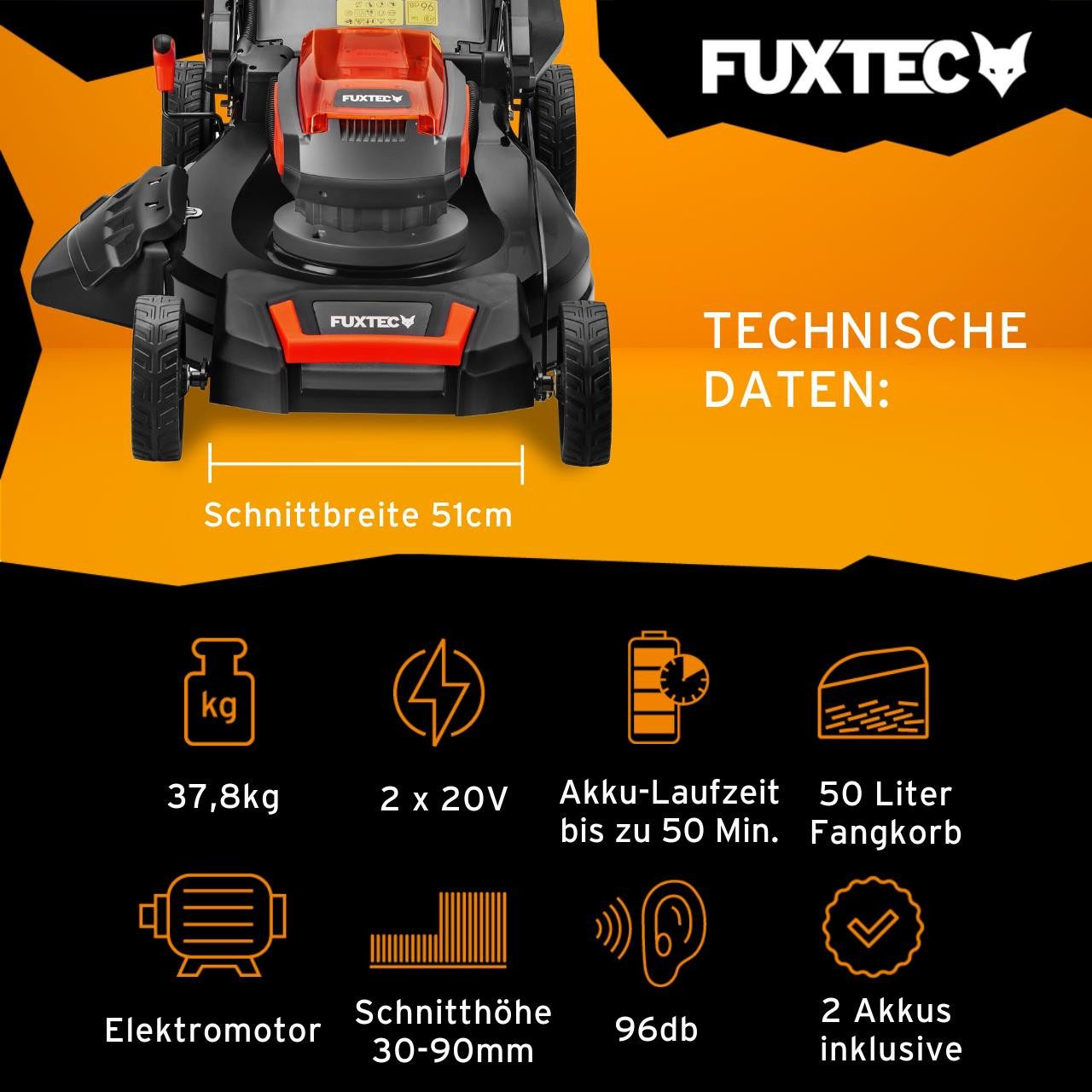 FUXTEC Akkurasenmäher FX-E2RM51SET, 51 cm Schnittbreite, 51 cm Schnittbreite, 50L Fangkorb, 2x 20V Akku, 30mm-90mm, Frontbumper