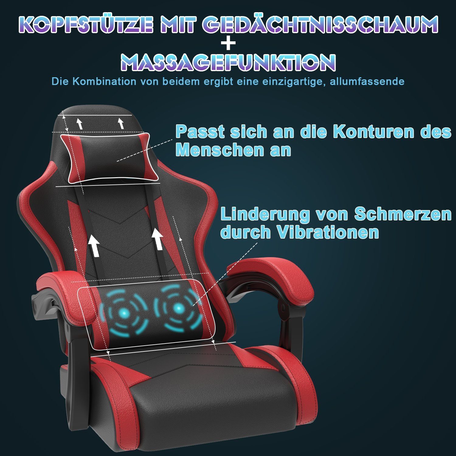 einstellbar Rot Gaming 90-135° Fußstütze, GUNJI Rückenlehne Massage Chair Gaming mit Stuhl