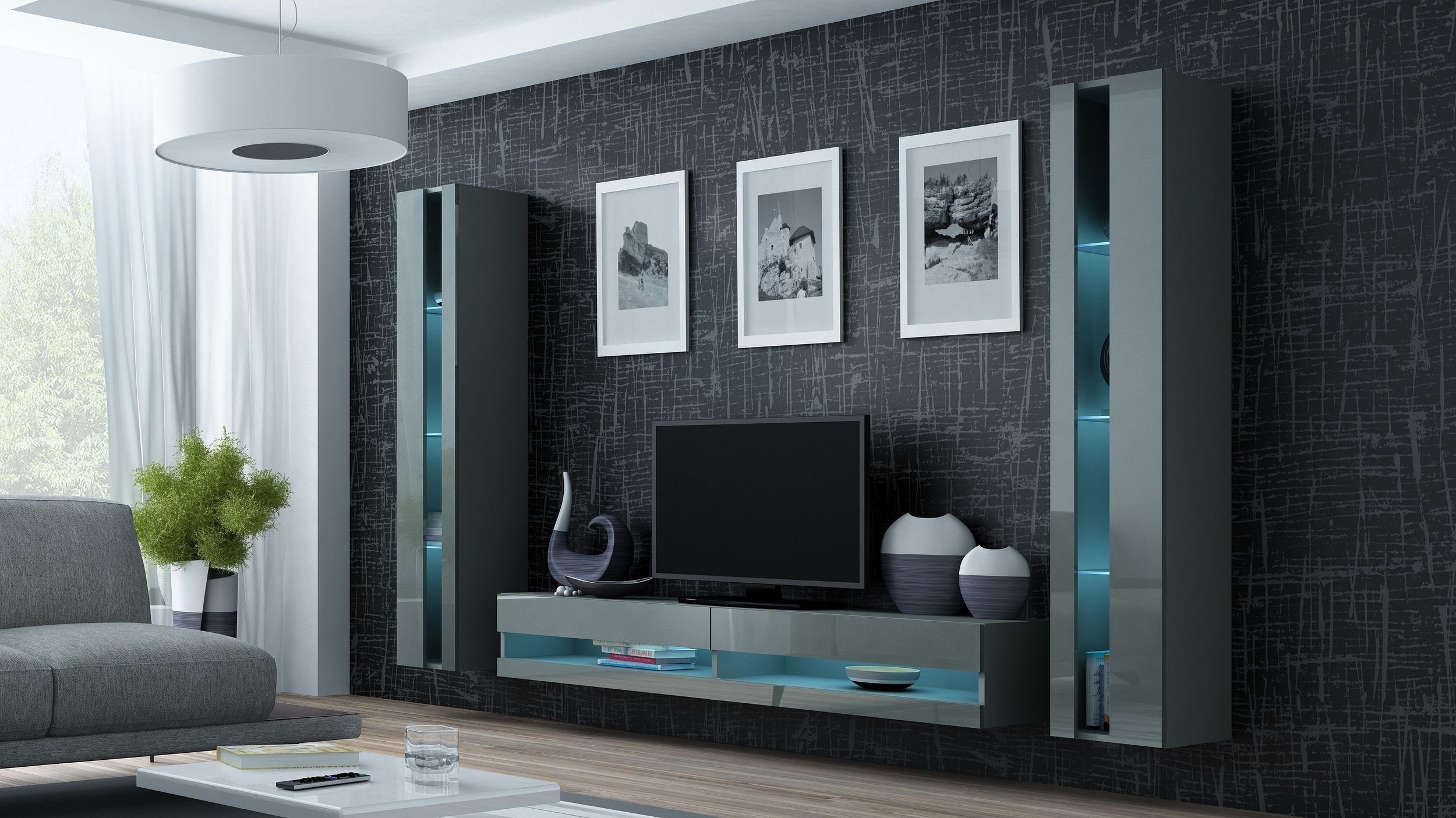 Design Stylefy Grau Matt - LED-Beleuchtung, inkl. bestehend Modern Grau (Set Wohnwand III, 1xLowboard New Wohnmöbel, Wohnzimmer-Set), (3-St), und Glaselemente, 2xHängevitrine, aus Hochglanz Vago