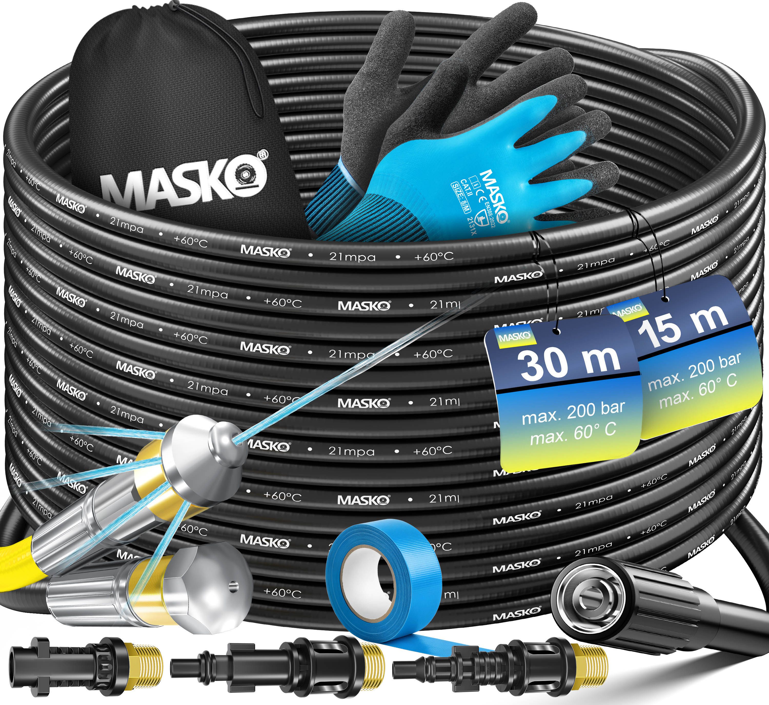 MASKO Hochdruckschlauch Premium Rohrreinigungsschlauch-Set, Rohrreinigungsschlauch mit 3 Adapter und 2 Düsen
