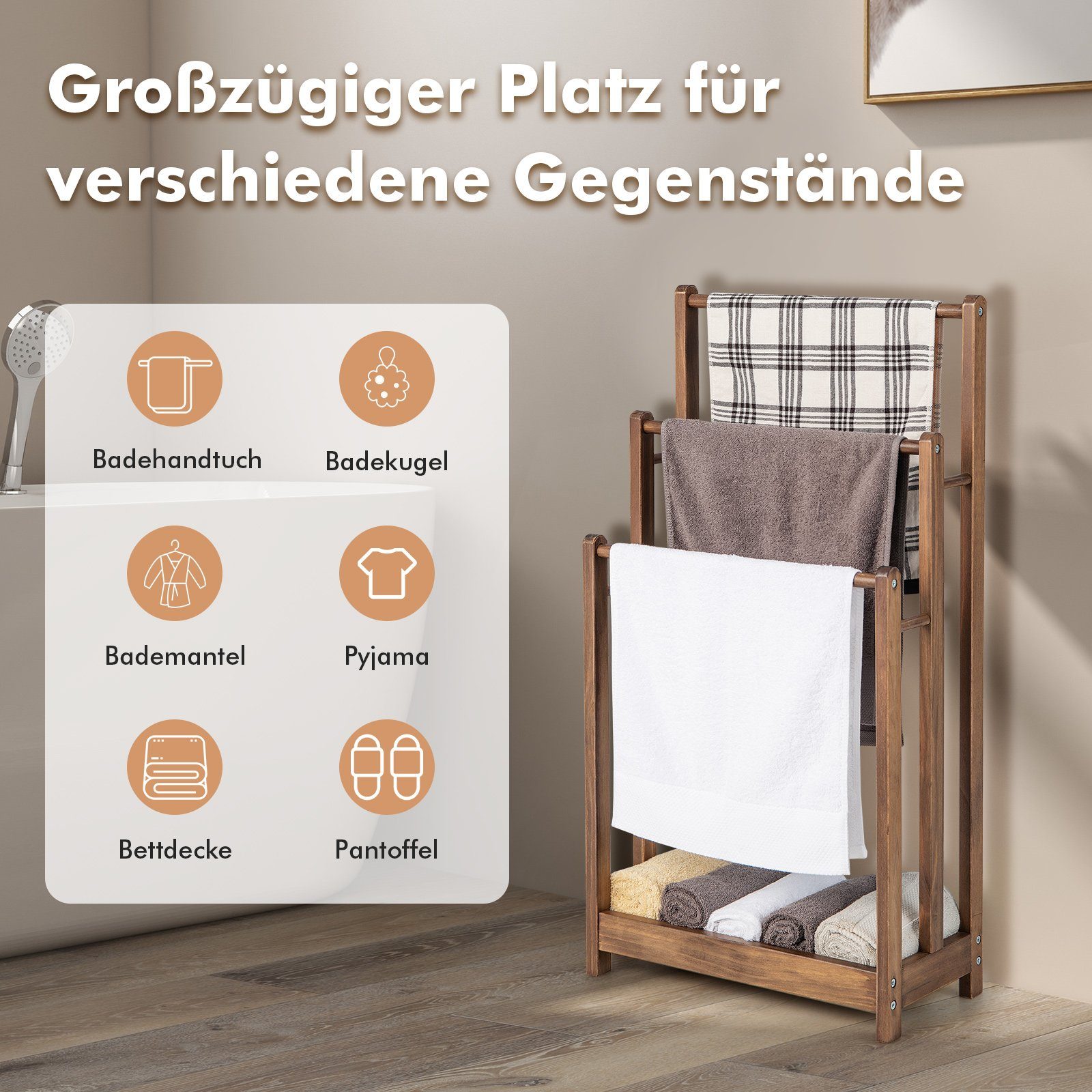 COSTWAY Handtuchständer, mit 3 Stangen & Ablagefach, Holz, 45x22x86 cm