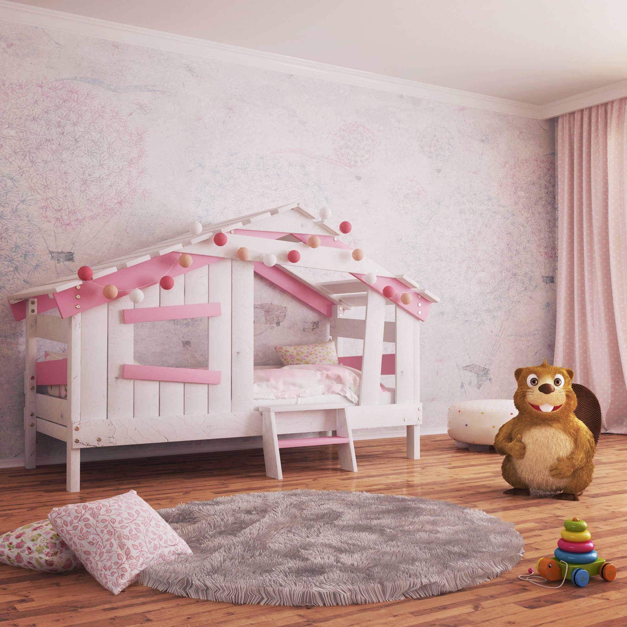 Jugendbett, Spielbett, APART bibex CHALET Kinderbett Kinderbett, zart-rosa