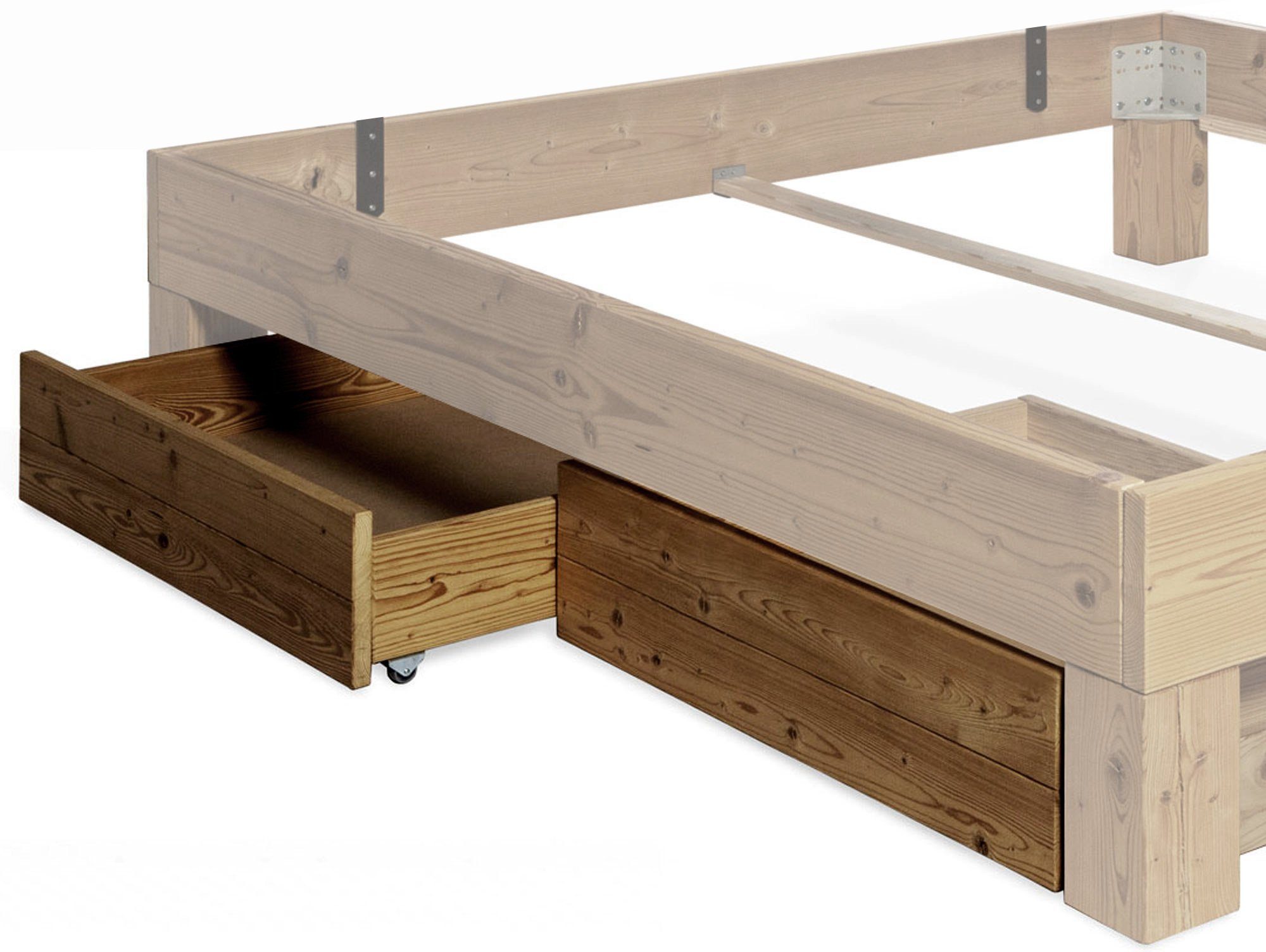 Moebel-Eins Massivholzbett, CURBY 2er Set Bettschubladen für 4-Fuß-Bett, Material Massivholz, Thermo-Fichte, VINTAGE