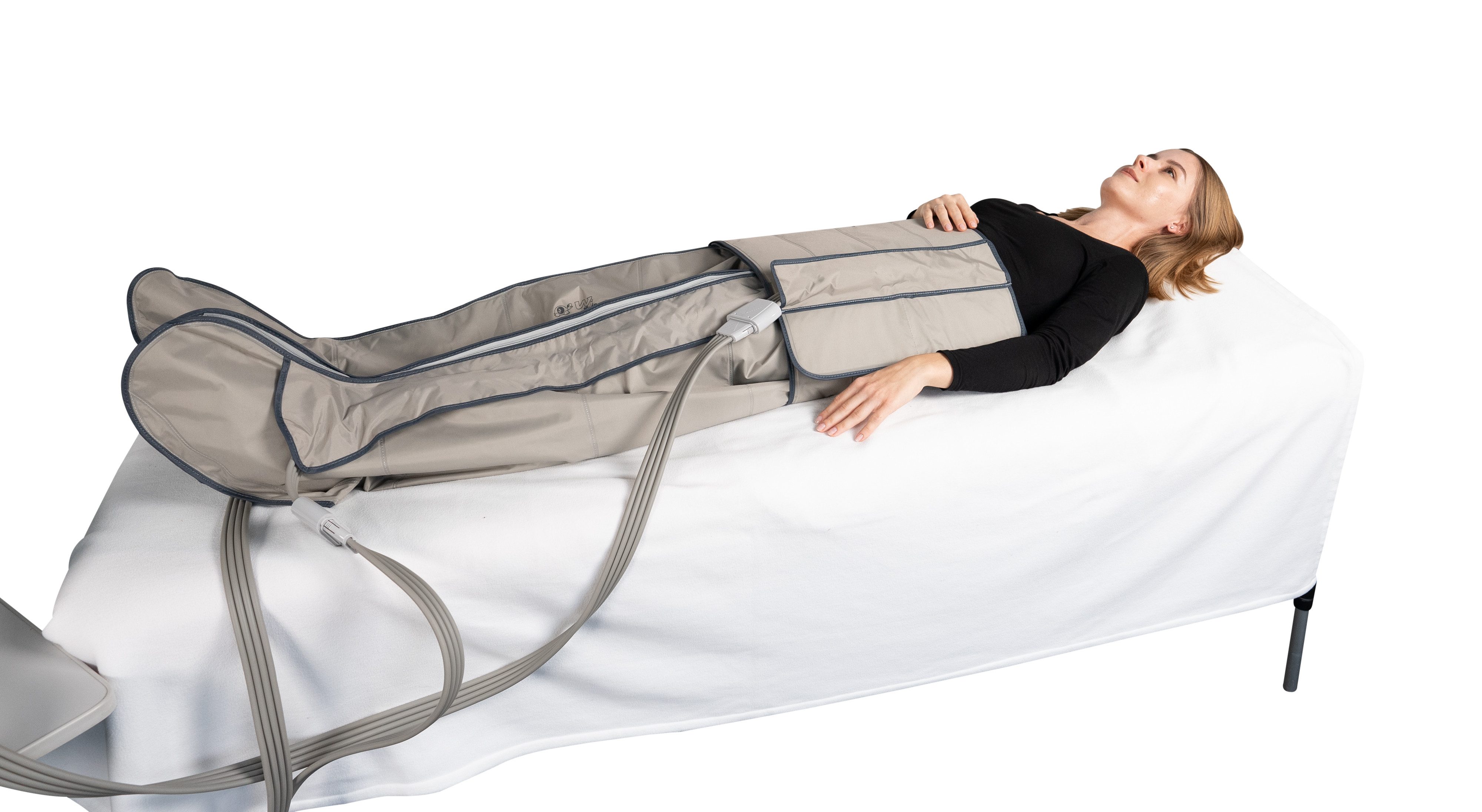 Wonjin Fußmassagegerät 4 Kammer Lymphdrainage Gerät Q2200 Beine und Taillenmanschette Größe L, 4 Behandlungsprogramme,Druckluftregulierung,3 Manschetten anschließbar