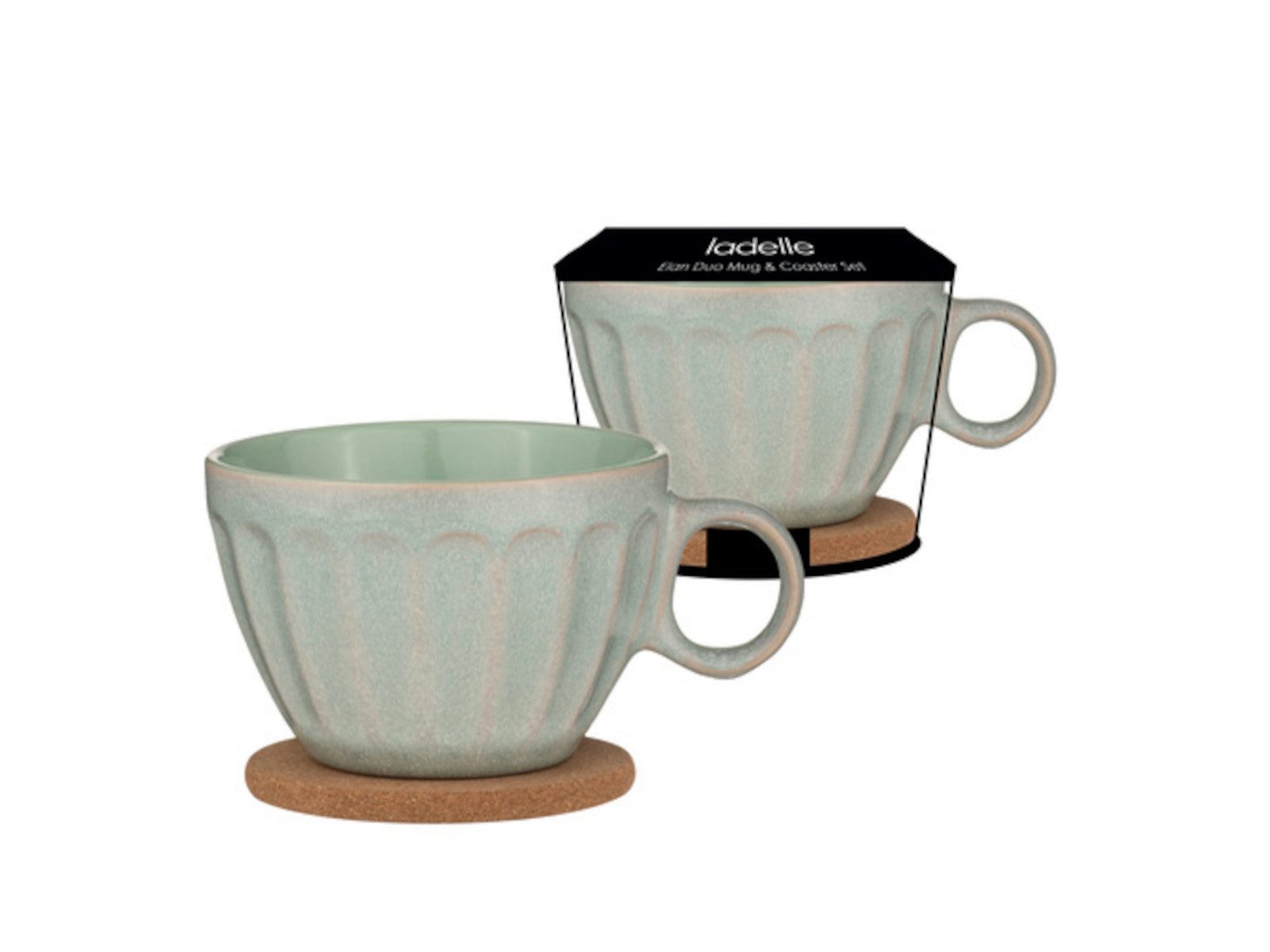 Ladelle Becher ELAN Becher- und Untersetzerset salbeigrün, Steinzeug / Kork, Elan Sage Green Duo Mug & Coaster Set Assorted