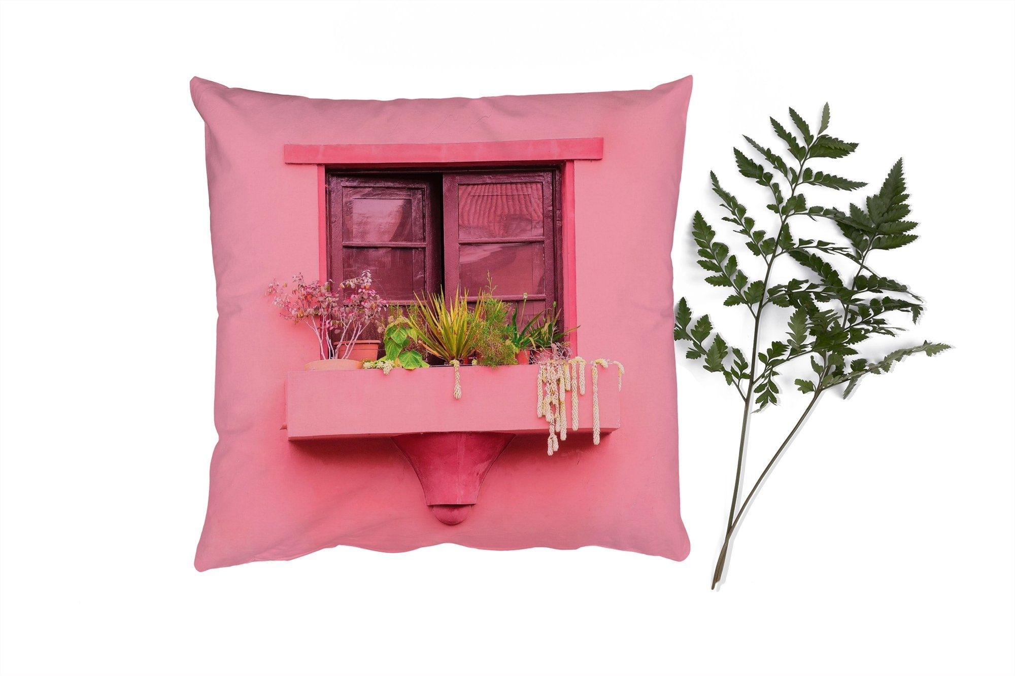 Fenster Schlafzimmer, - mit MuchoWow Wohzimmer, für Füllung Sofakissen Zierkissen Pflanzen - Deko, Rosa - Dekokissen Pflanzgefäß,