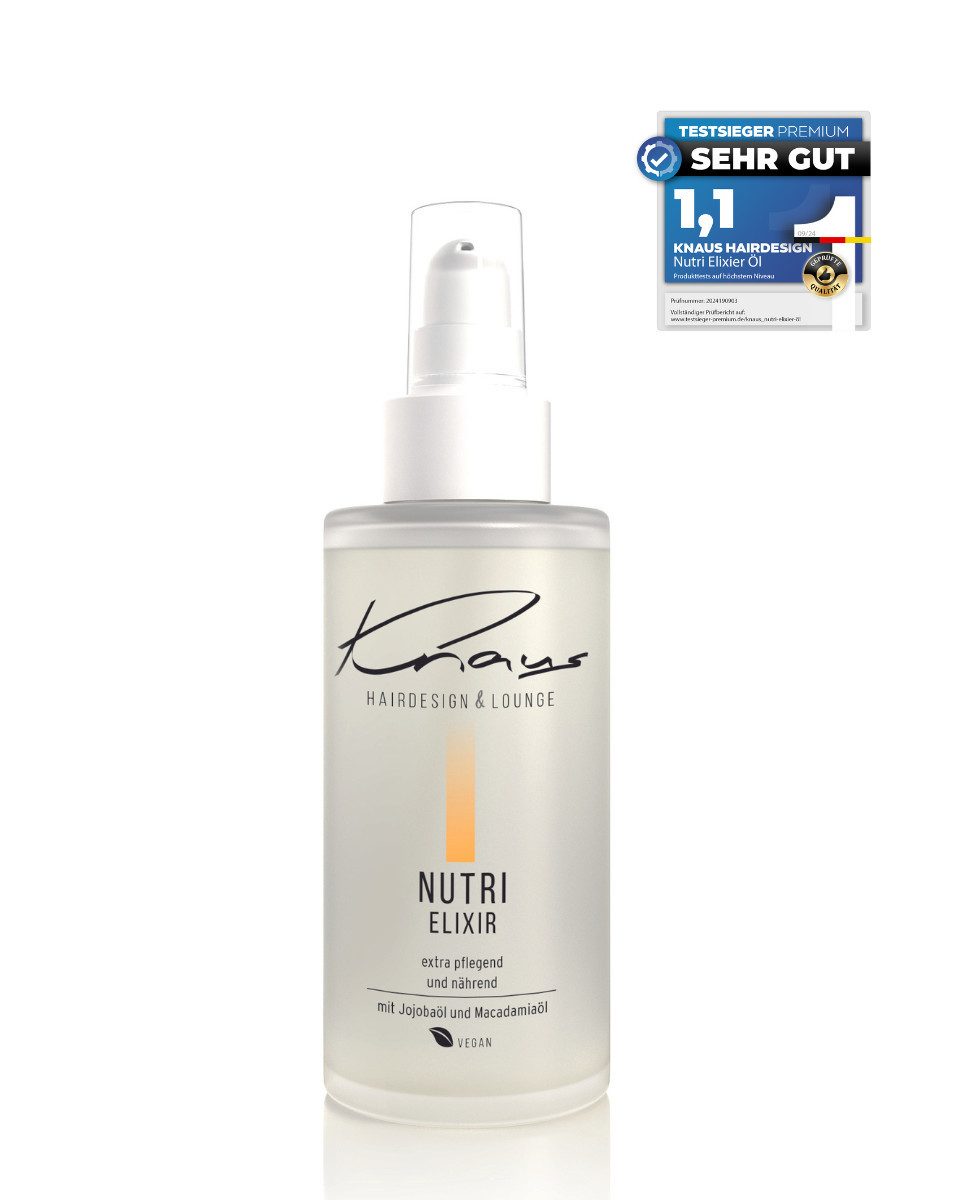 Knaus Hairdesign Haarelexier NUTRI ELIXIR 5-Phasen Spray Fluid, Jojoba, Macadamia-Öl, VEGAN, Luxus Allrounder Feuchtigkeit Schnellkur Versiegelt Spliss und Schäden