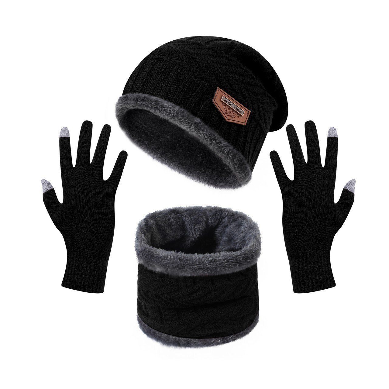 LENBEST Beanie Mütze & Schal Wintermütze Schal Touchscreen Handschuhe Set black