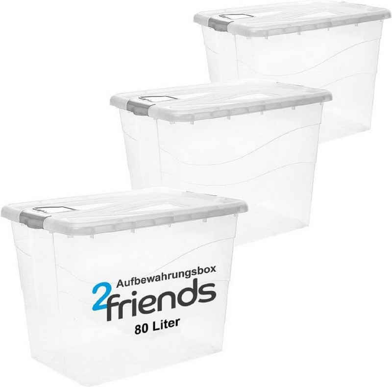 2friends Stapelbox 3er Set Aufbewahrungsbox mit Deckel Groß XXL 80 Liter, Plastikbox mit Deckel, Rollen und Clip-Griffen - Ideal für Ordnung