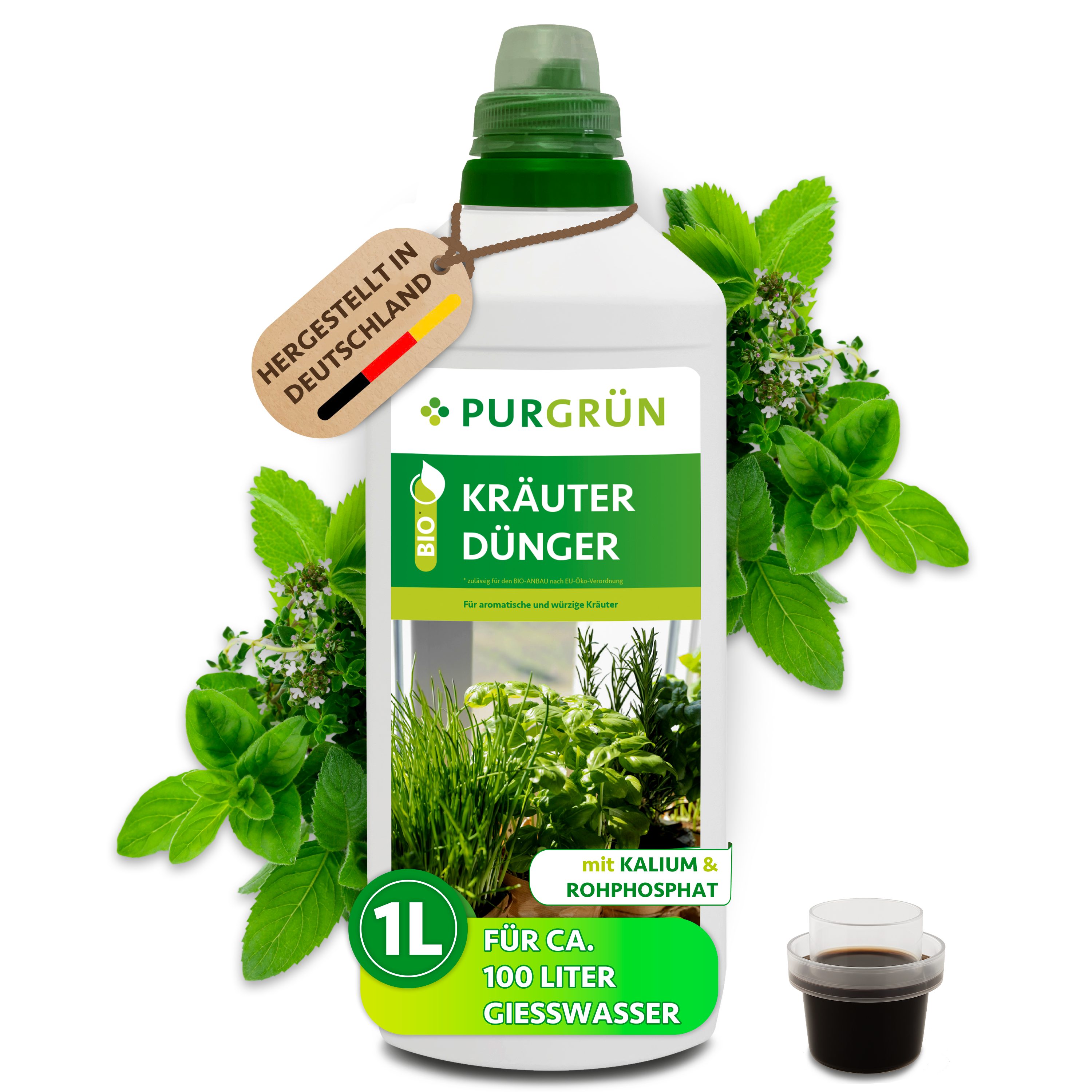 Purgrün Kräuterdünger Bio Kräuterdünger, NPK 3+2+6, Algenextrakt, 1 Liter, Flüssigdünger, 1-St., 1 Liter