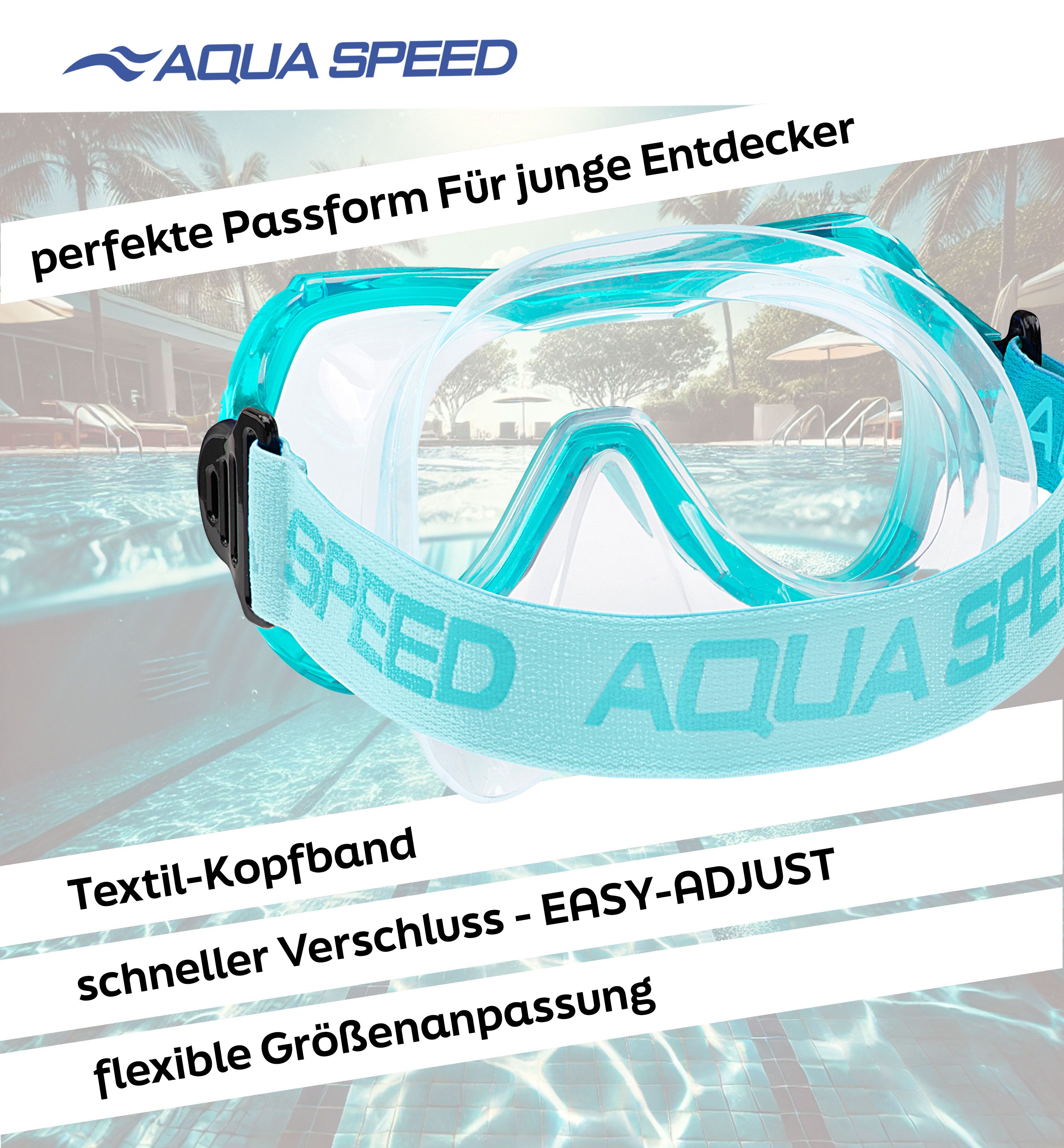 Aqua Speed Schnorchel ALIZE FS Tauchmaske für Kinder Kindertauchmaske Stoffband (Sicher, Bequem und Perfekt für Kleine Unterwasser-Abenteurer), Taucherbrille Kind Stoff-Kopfband Einzellinse