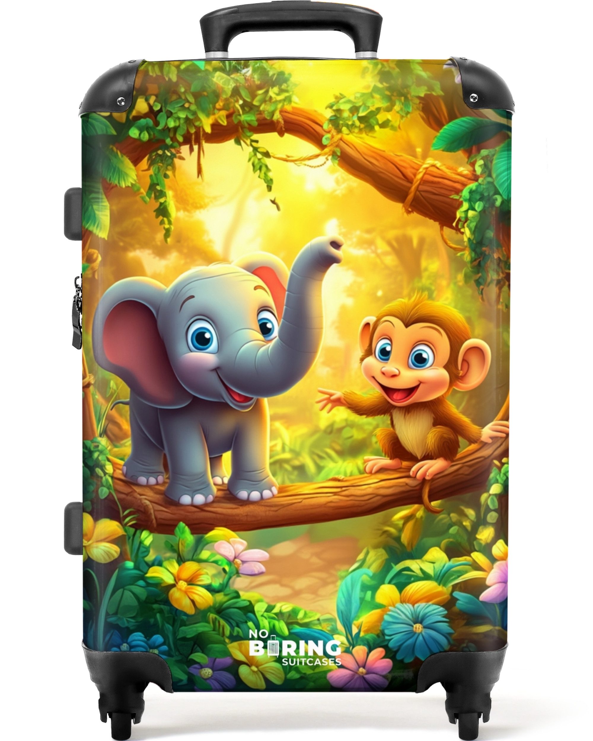 NoBoringSuitcases.com© Kinderkoffer mit leuchtende Räder - Elefant und Affe im bunten Dschungel 67 cm - 72, 4 Rollen, Mittelgroßer Reisetasche mit Rollen für 20kg, Kinderkoffer