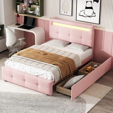 IDEASY Polsterbett Einzelbett, Kinderbett, 90 x 200 cm, (mit 16-farbigem LED-Licht (4 automatische Wechselmodi), 2 Schubladen, hautfreundliche Leinenpolsterung, rosa/beige