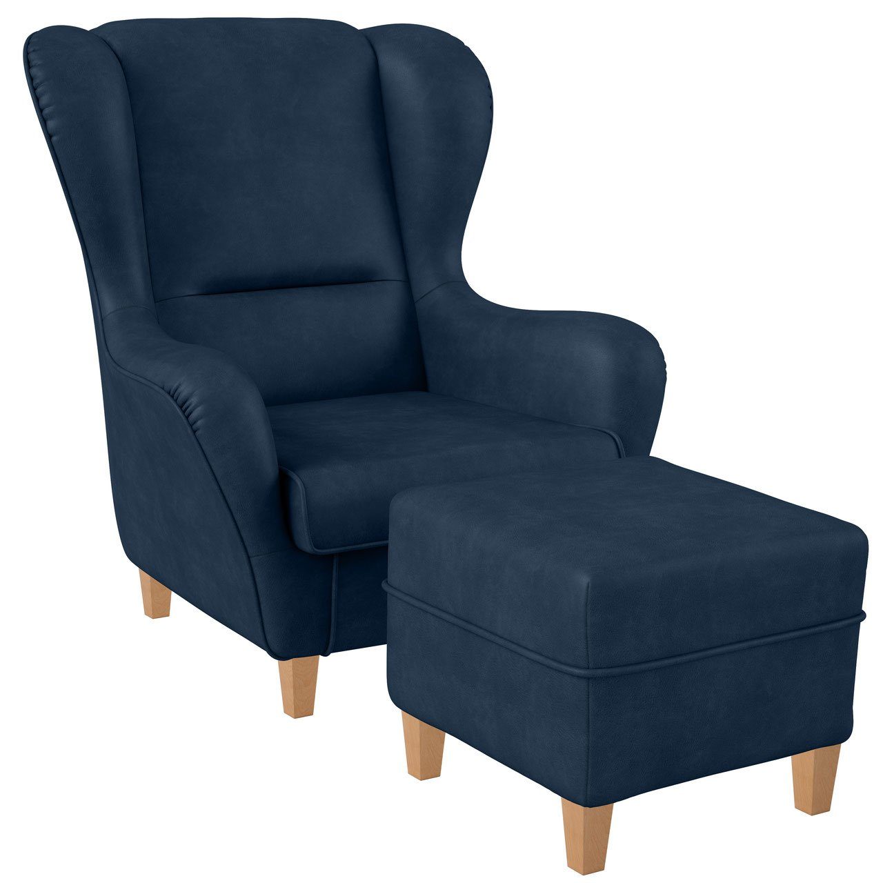 Supellex Ohrensessel Sofia Relaxsessel mit Hocke Design Kunstleder Milano Blau