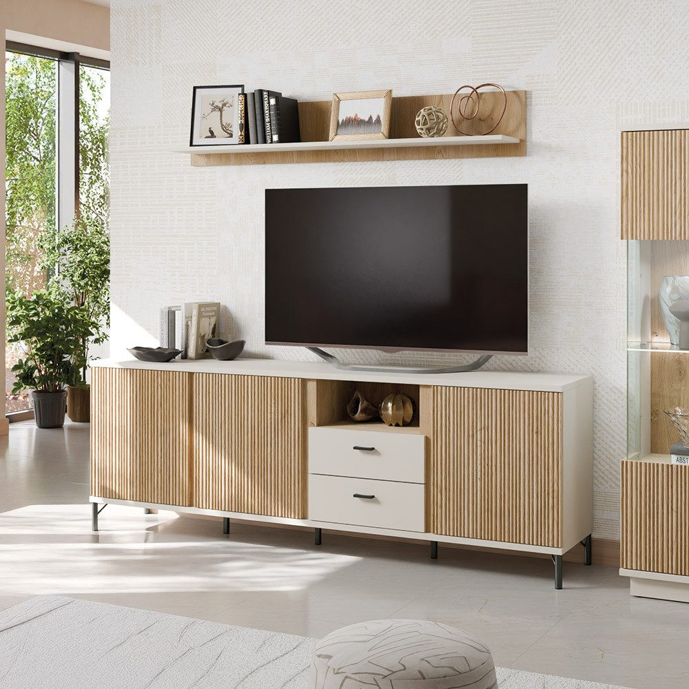 Lomadox Wohnzimmer-Set MOLINA-129, (Mega-Spar-Set, 4-St., Highboard Lowboard Vitrine Wandregal), Wohnzimmermöbel in Eiche & kaschmir mit Softclose & LED-Beleuchtung